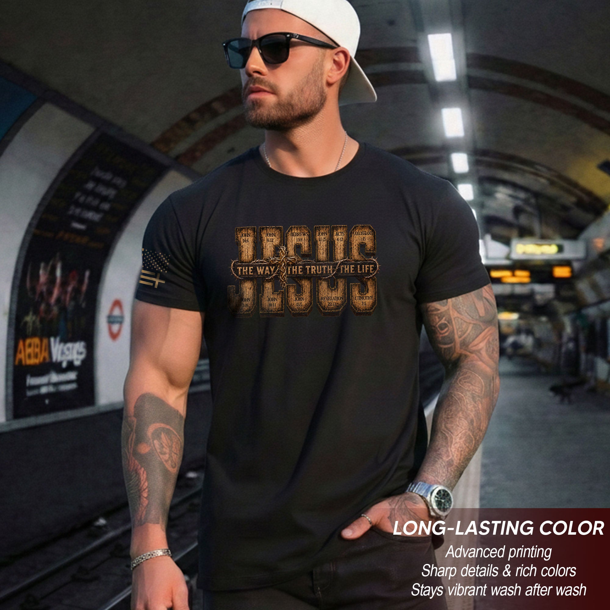 Jesus The Way The Truth The Life Scripture Cross Christian Graphic Crewneck Tee Men