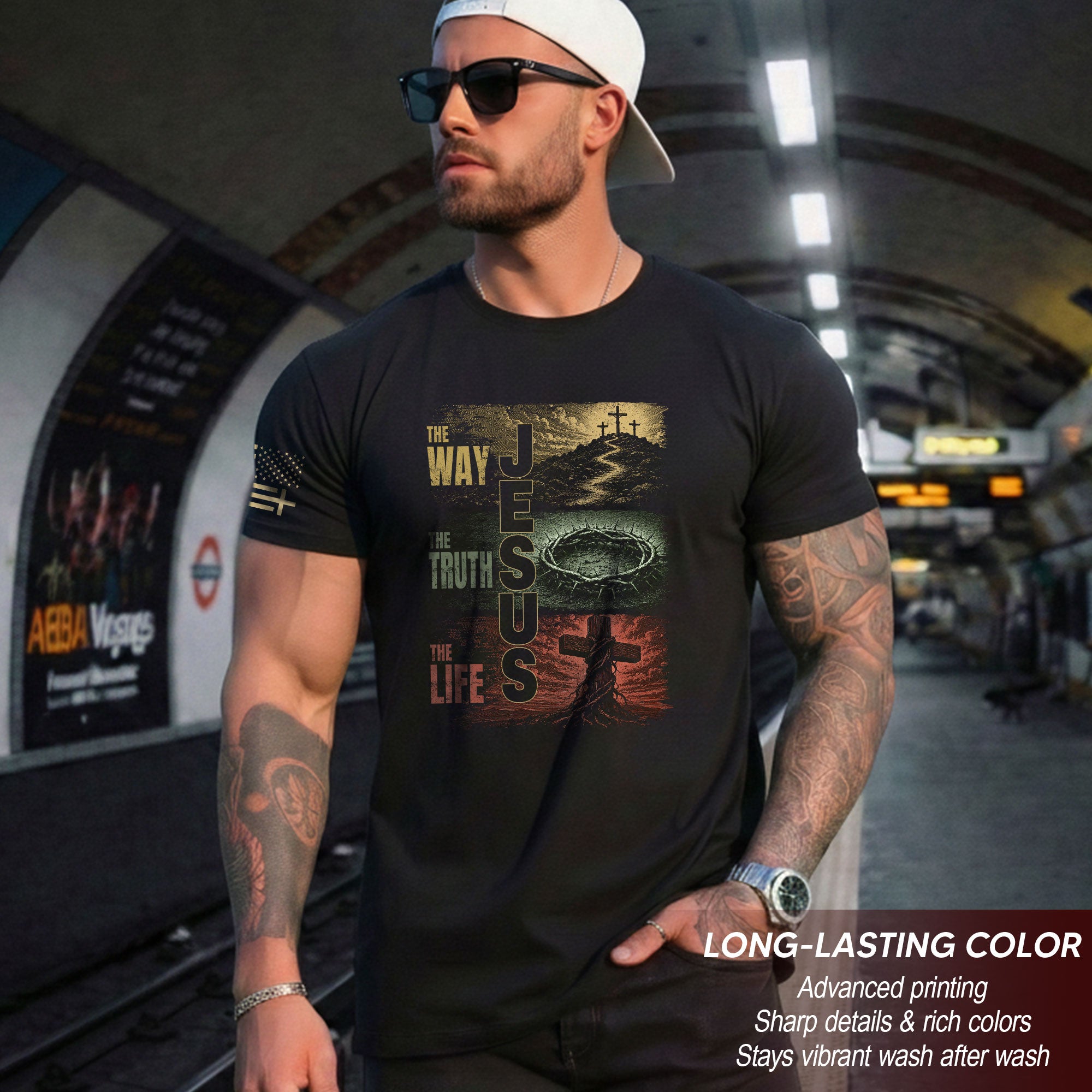 Jesus The Way The Truth The Life Calvary Cross Christian Graphic Crewneck Tee Men