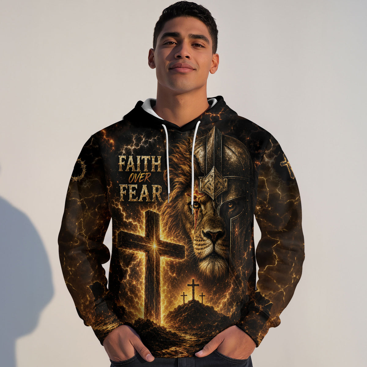 Faith Over Fear 3D Hoodie Lion Christian Cross Warrior Helmet Pullover - Rust Field Wear