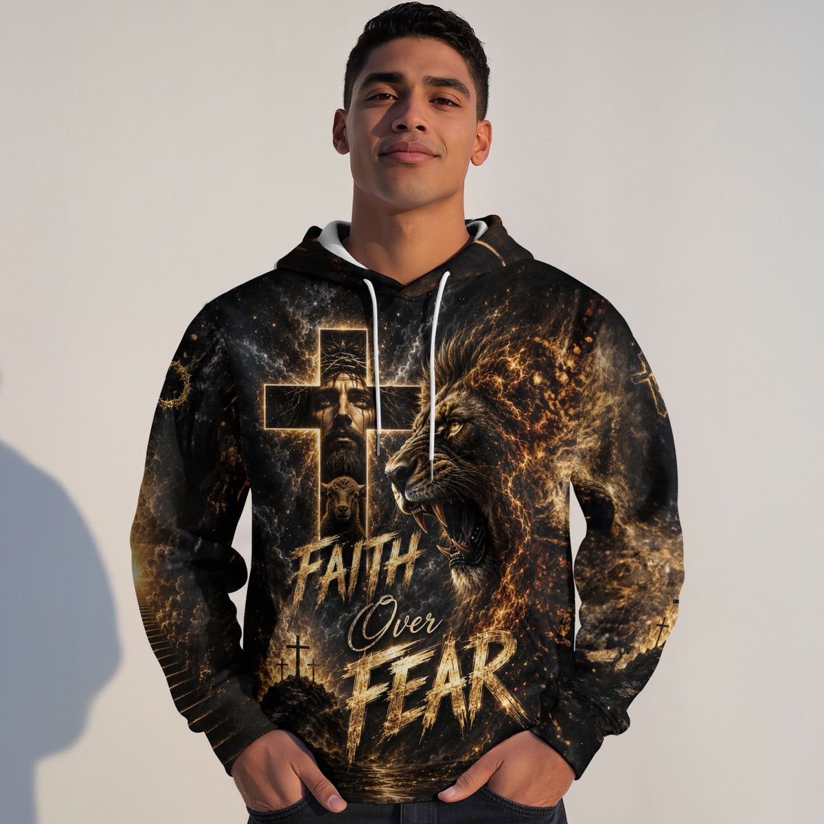 Faith Over Fear 3D Hoodie Jesus Lion Christian Cross Lamb Graphic Pullover - Rust Field Wear