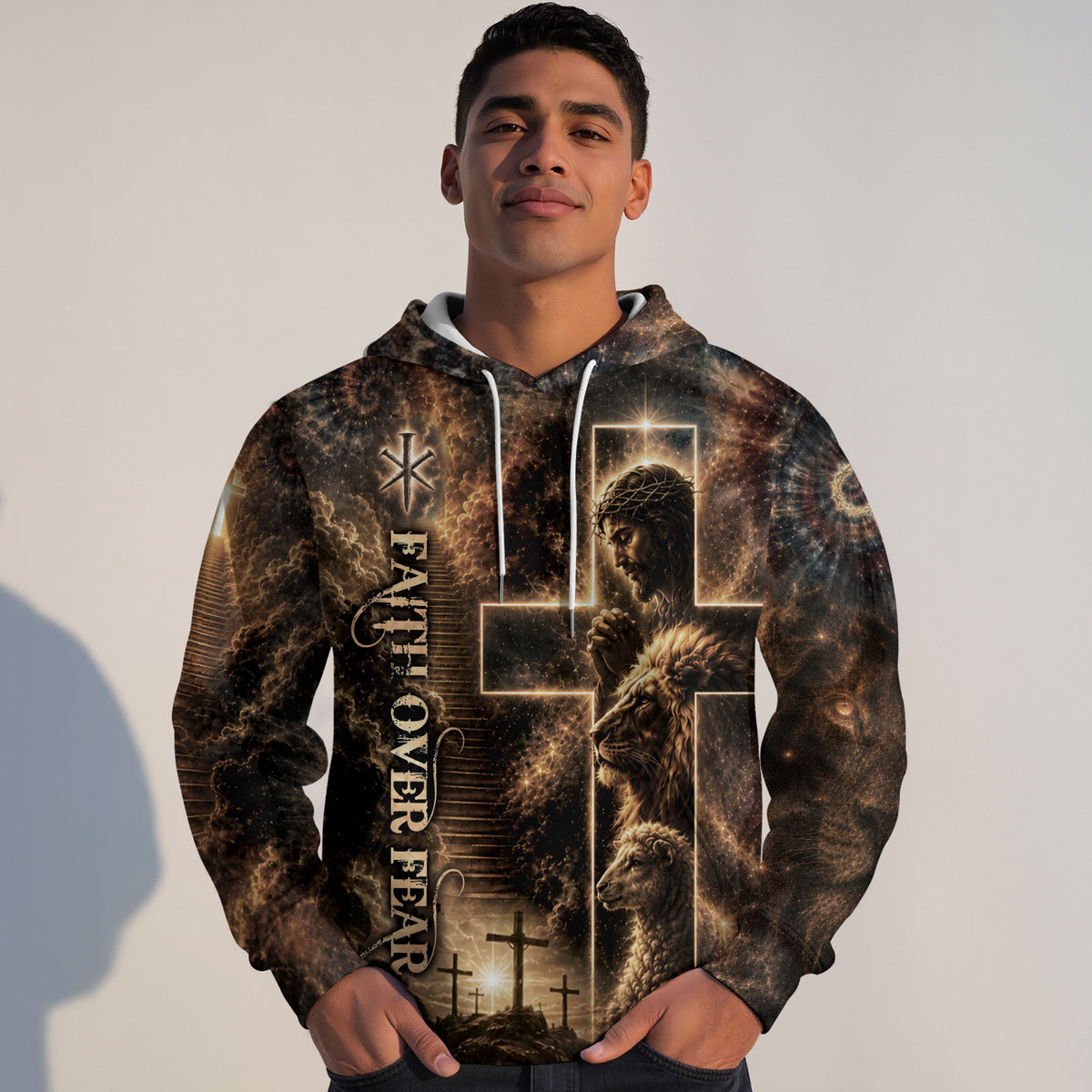 Faith Over Fear Hoodie 3D Jesus Christian Lion Cross Graphic Apparel Gift - Rust Field Wear