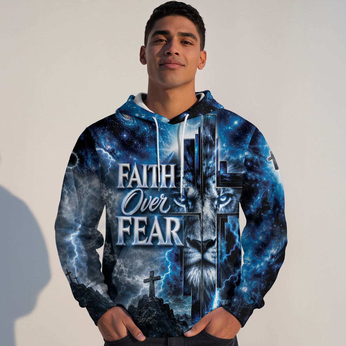 Faith Over Fear 3D Hoodie Christian Lion Cross Storm Lightning Clothes - Rust Field Wear
