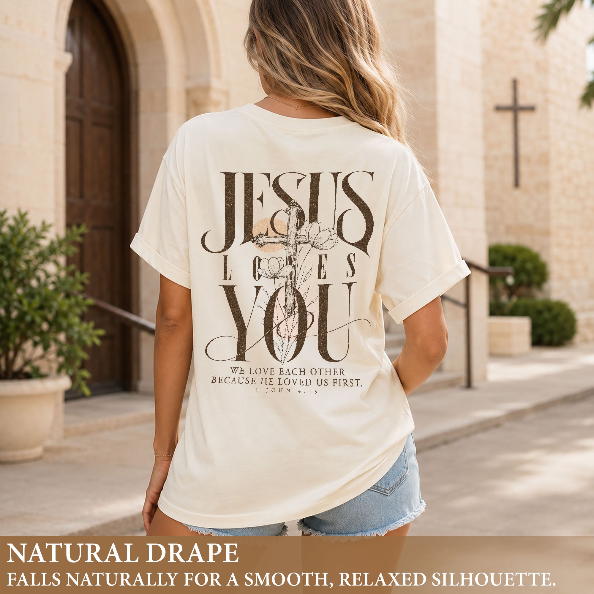 Jesus Loves You Cross Floral Christian Graphic Everyday Tee Shirt For Women Apparel