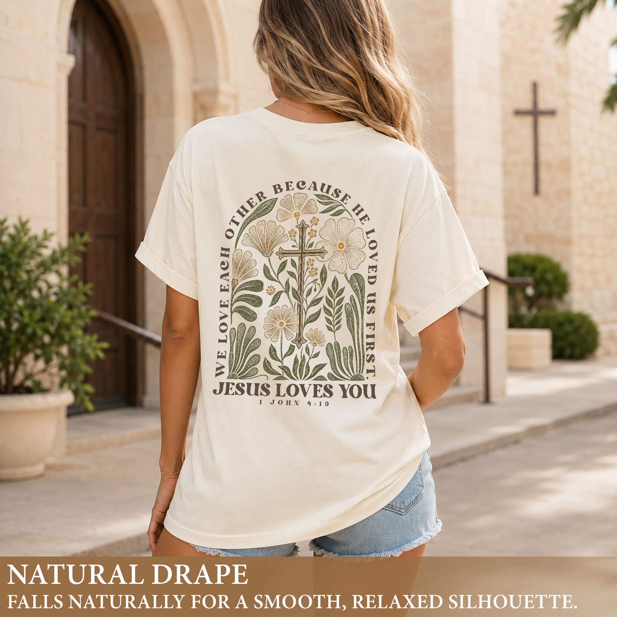 Jesus Loves You 1 John 4 19 Cross Floral Christian Graphic Casual Tee Shirt Women