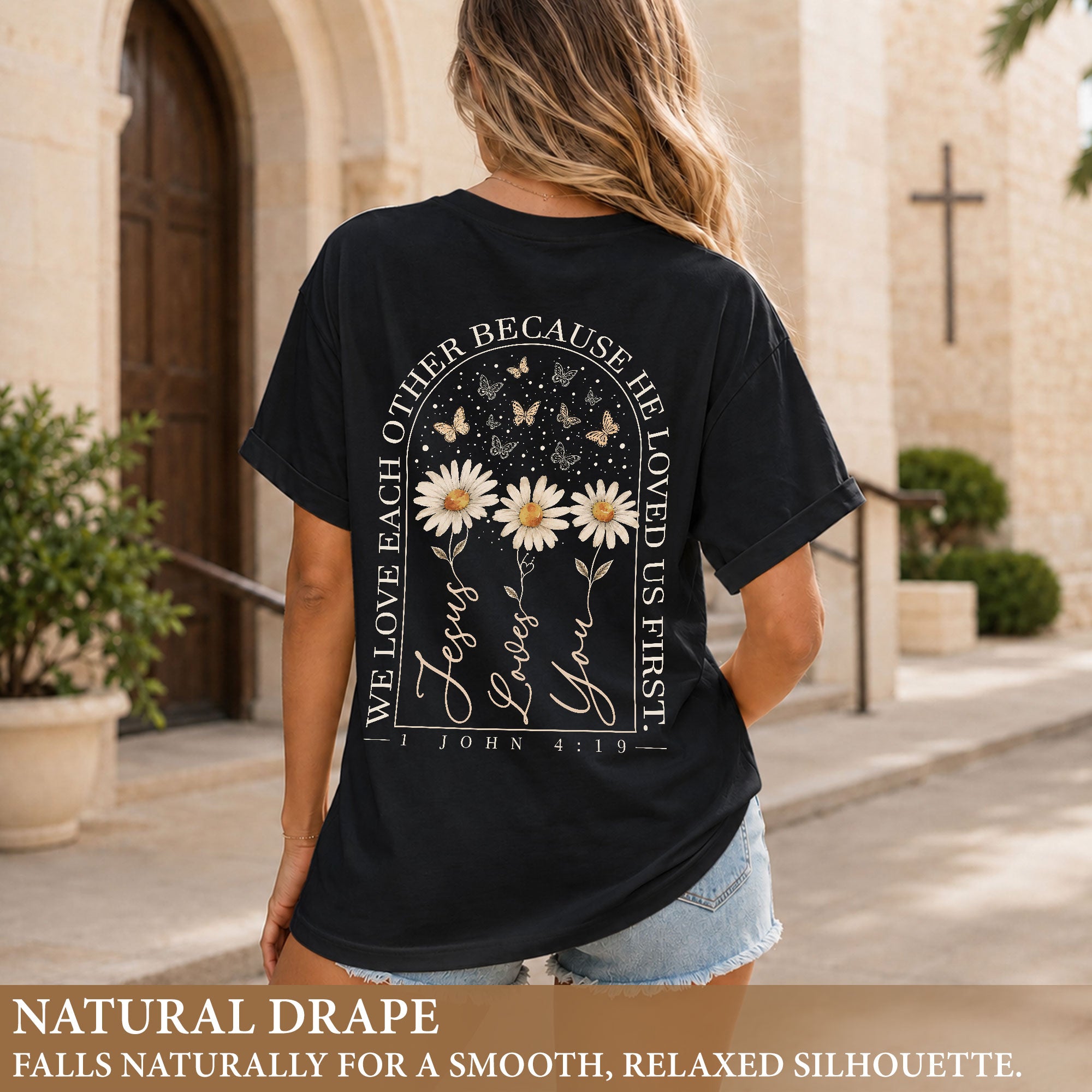 Jesus Loves You Daisy Butterfly Floral Christian Graphic Casual Basic Tee Shirt Women