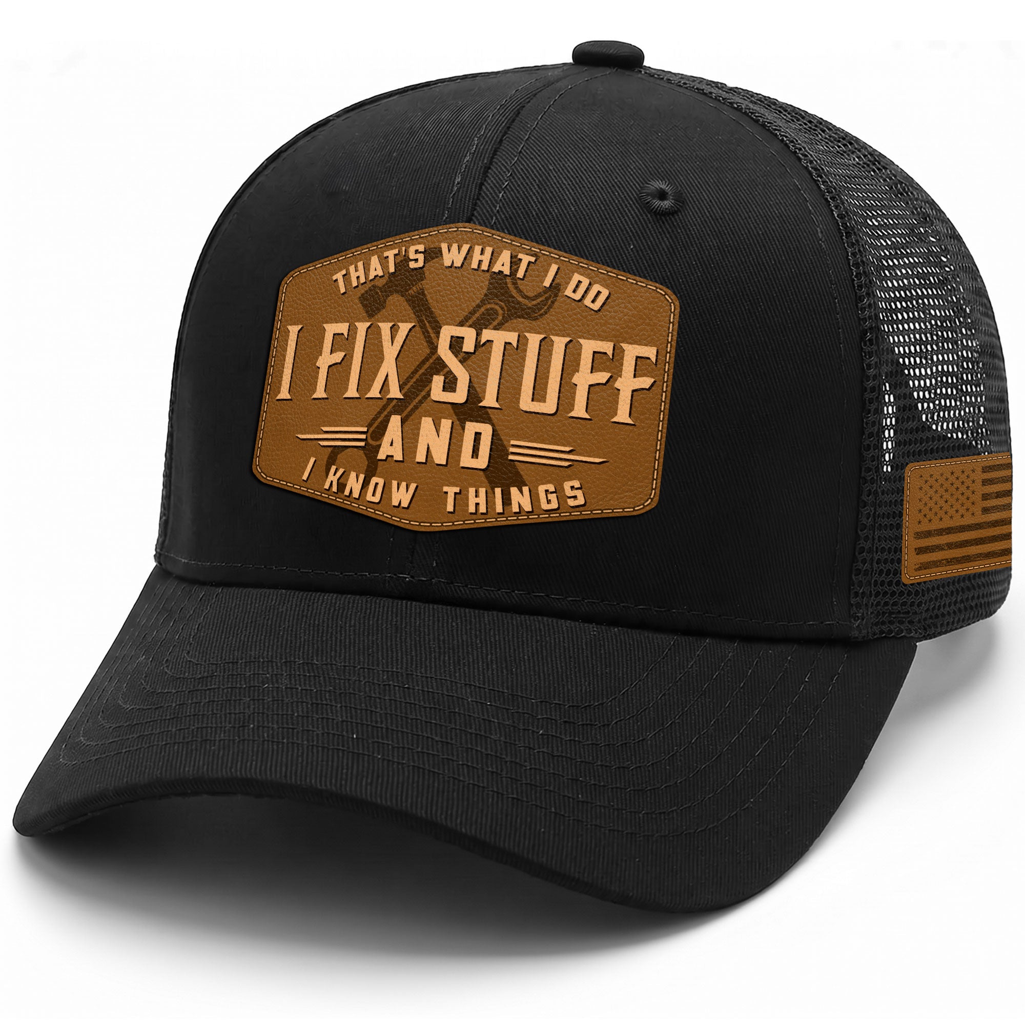 Black I Fix Stuff And I Know Things Hexagon Laser Engraved Leather Patch Trucker Hat - Rust Field Wear