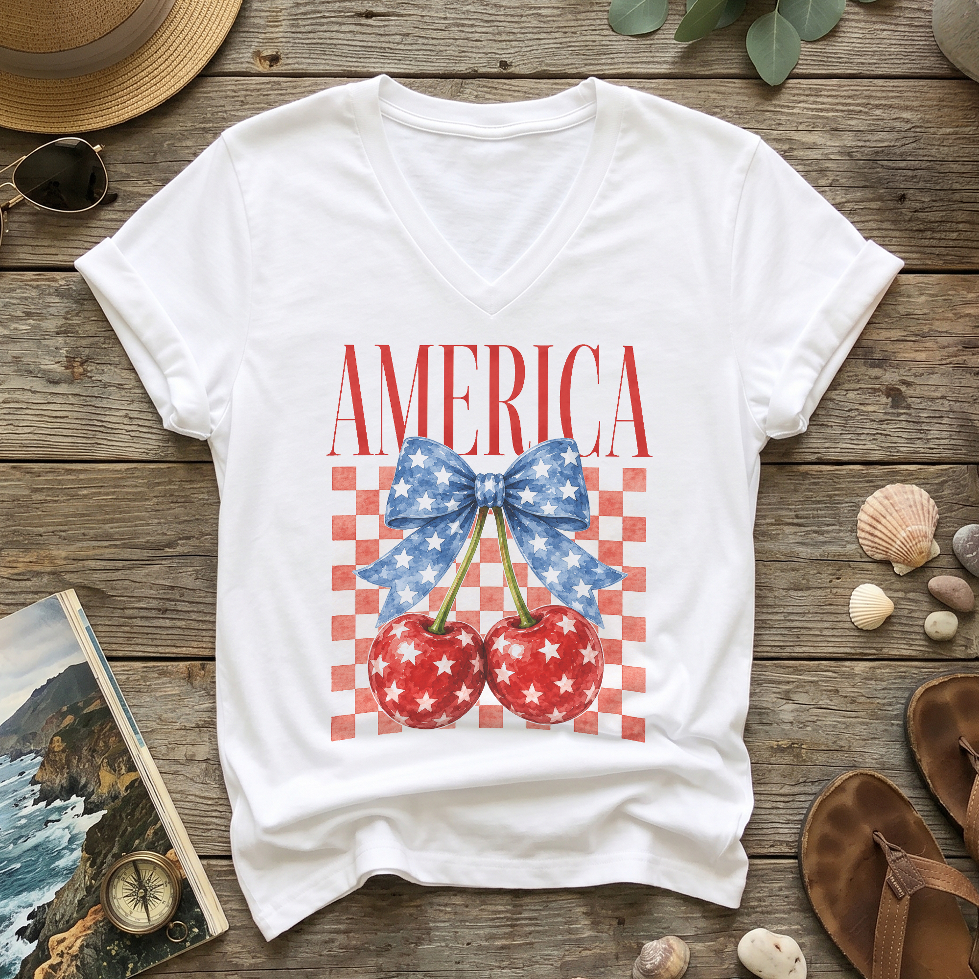 Women's V-Neck Patriotic Cherry Graphic T-Shirt - Cute American Flag Style Summer Top