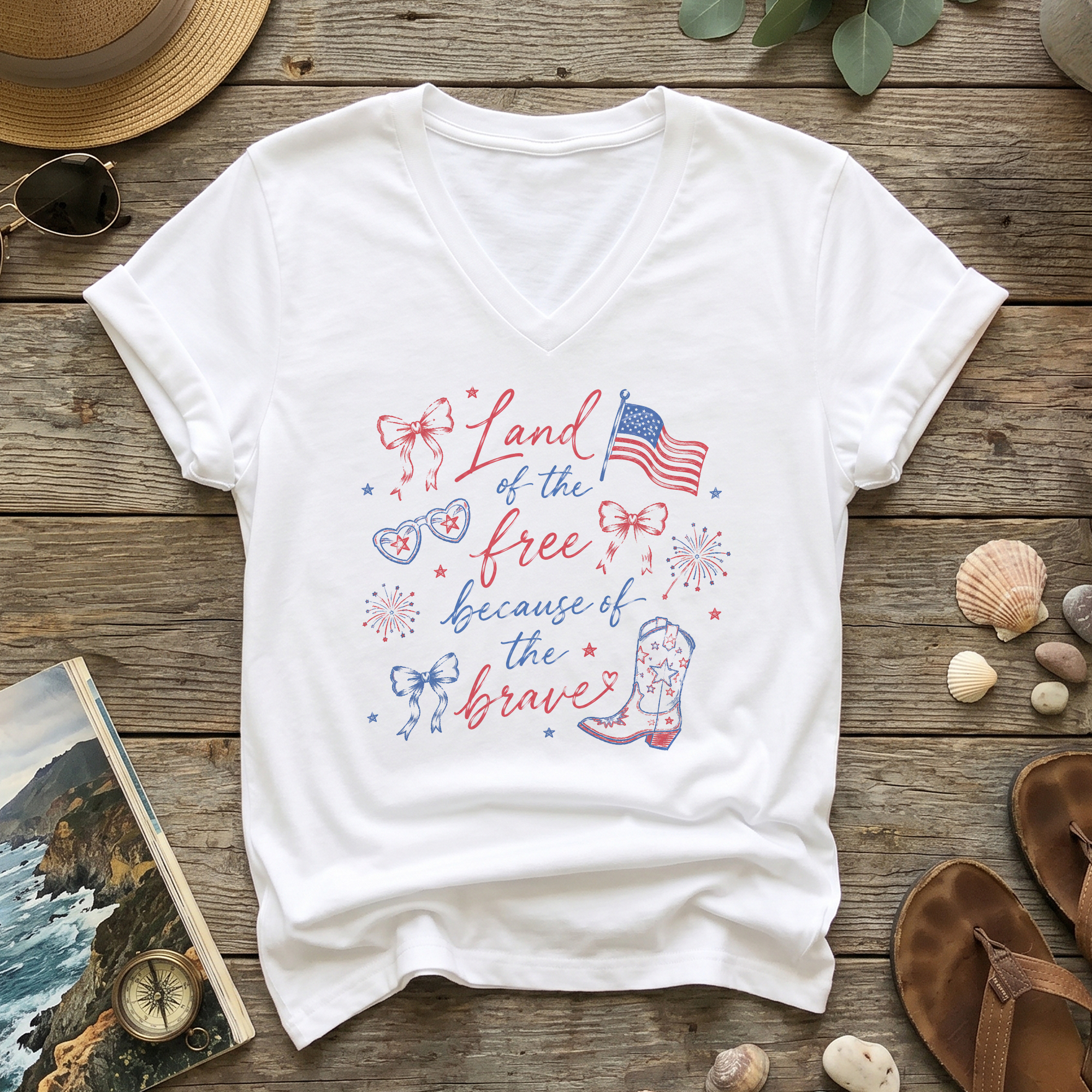 Women's Land of the Brave V-Neck Tee - Patriotic American Flag Graphic Summer Shirt