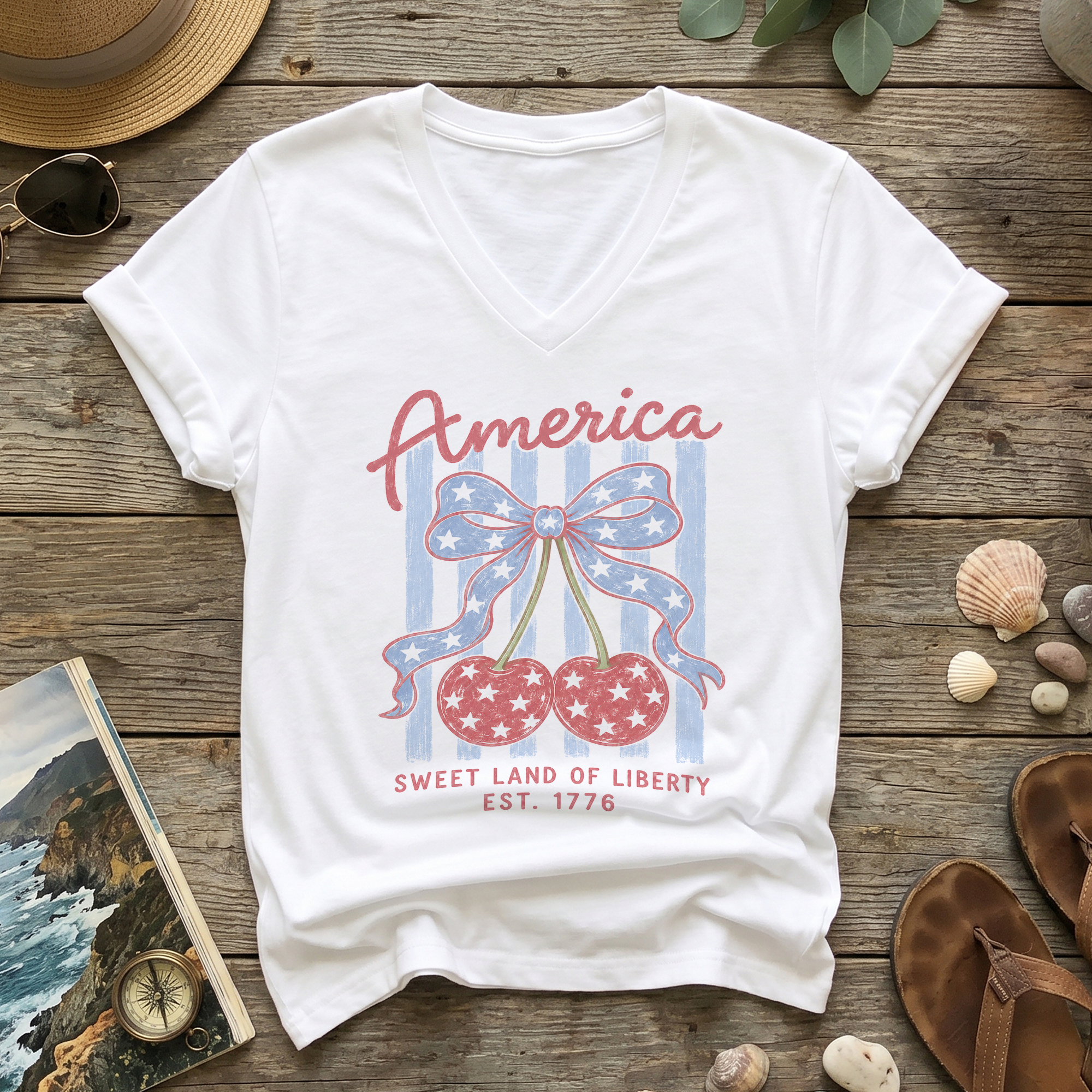 Women's America Cherry V-Neck Tee - Sweet Land of Liberty 1776 Patriotic Summer Shirt