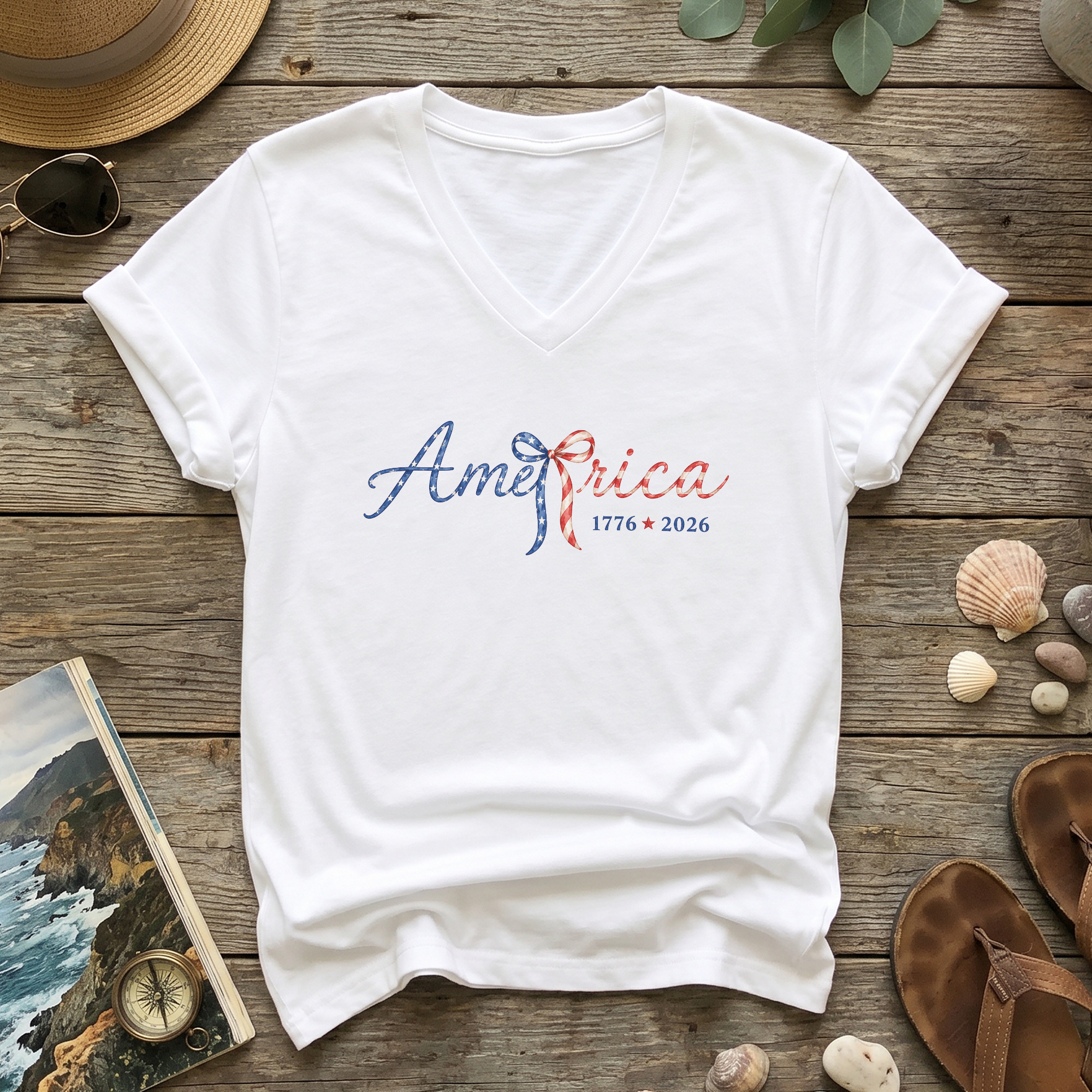Stylish America 1776-2026 V-Neck T-Shirt - Cute Patriotic Women's Short Sleeve Top