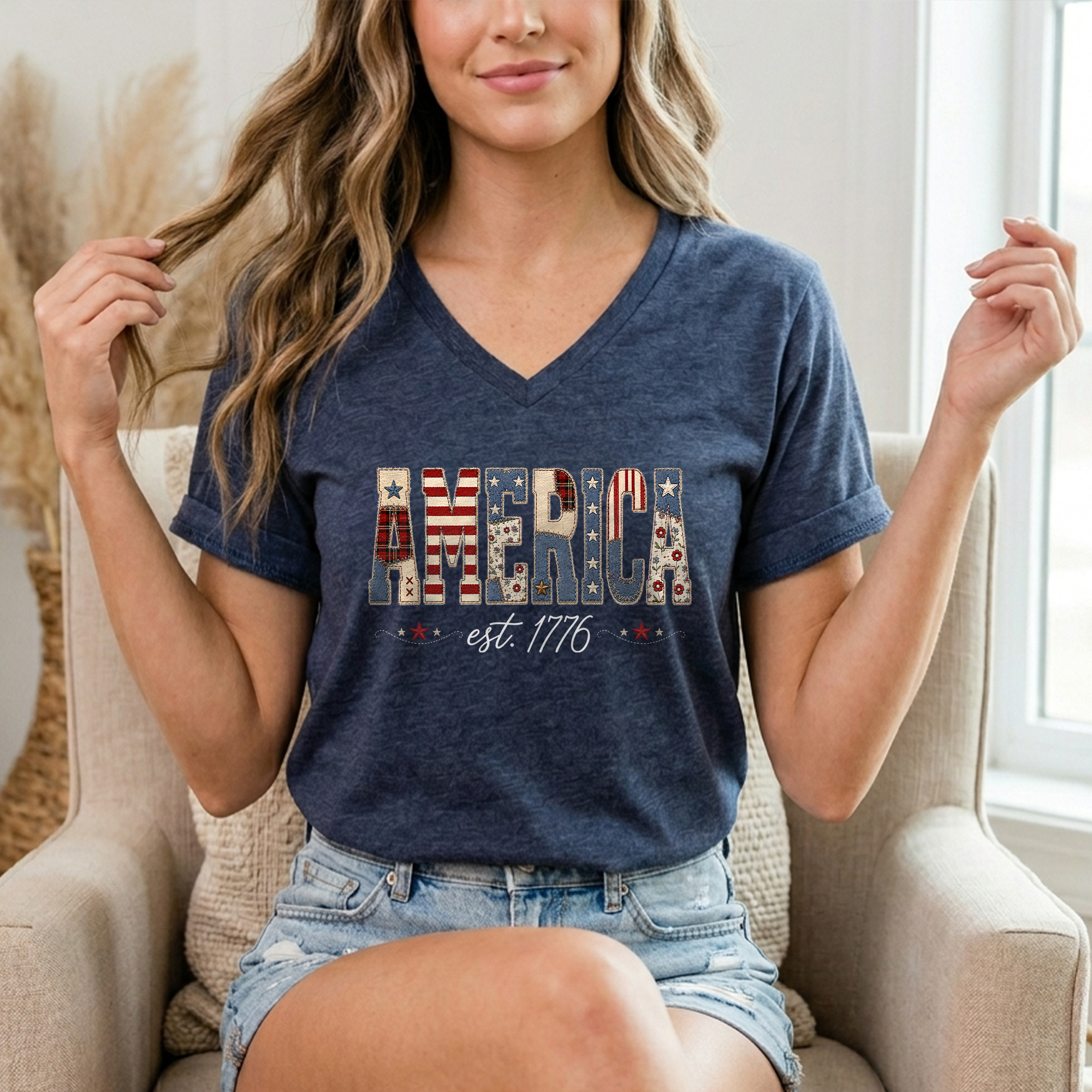Patriotic America Est. 1776 V-Neck Tee - Women's Custom Graphic Summer Top
