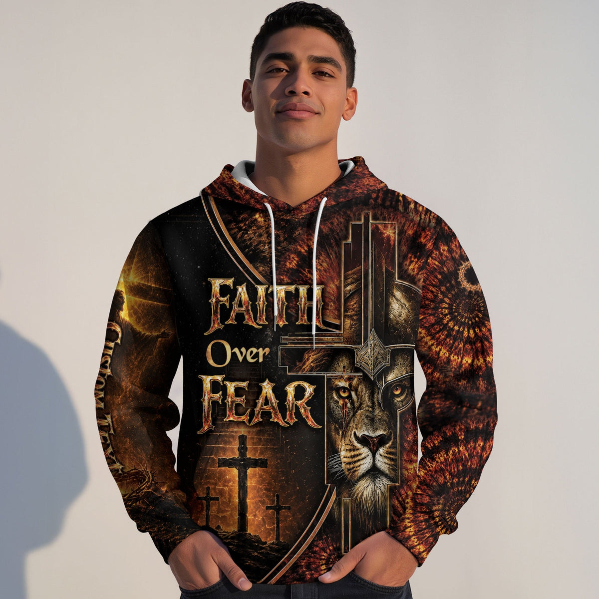 Custom Name Faith Over Fear 3D Hoodie Lion Christian Cross Warrior Helmet Gift - Rust Field Wear