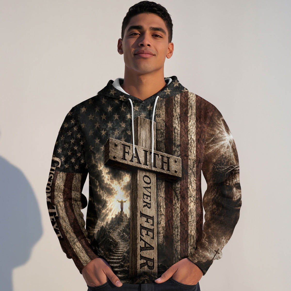 Custom Faith Over Fear 3D Hoodie Personalized US Flag Jesus Cross Pullover - Rust Field Wear