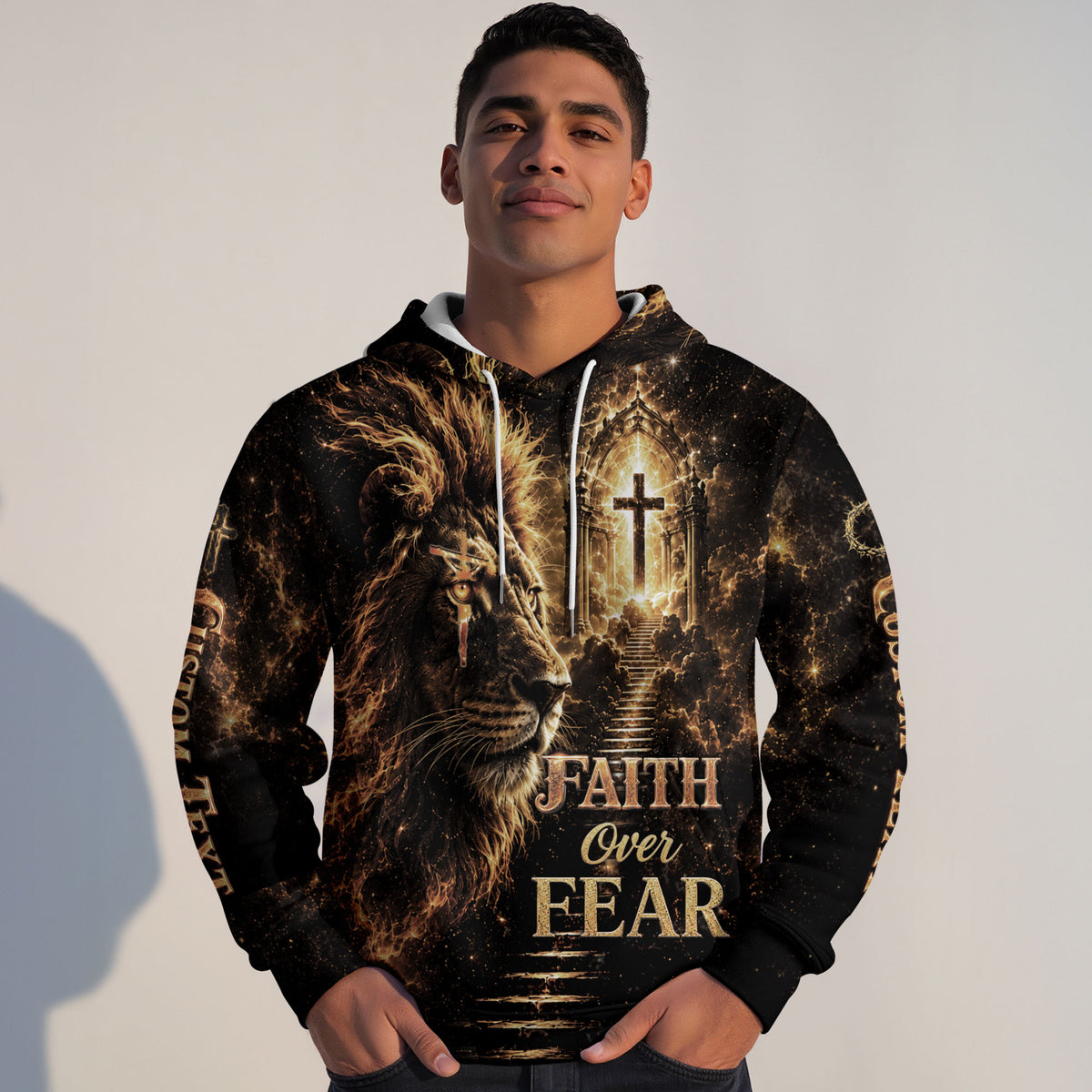 Personalized Faith Over Fear 3D Hoodie Custom Jesus Lion Cross Clothes - Rust Field Wear