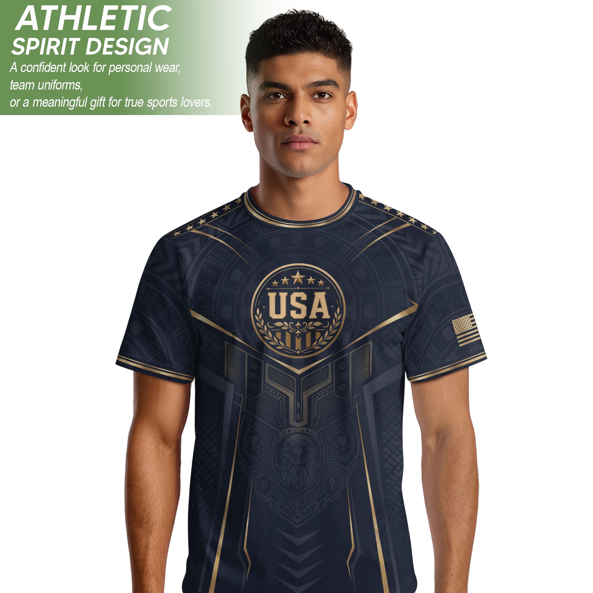 USA Soccer Jersey Navy Gold Eagle Shield Graphic Sports Tee for Soccer Fans