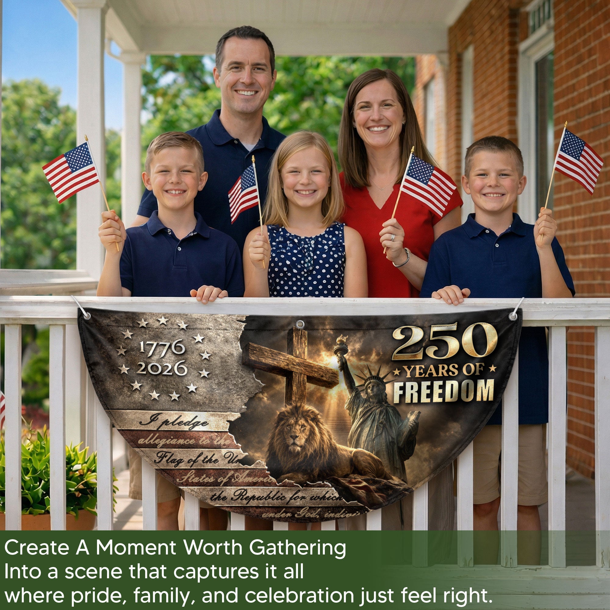 God Bless America 250 Years Fence Flag 1776-2026 – Lion & Cross Christian Patriotic USA Double Sided Banner
