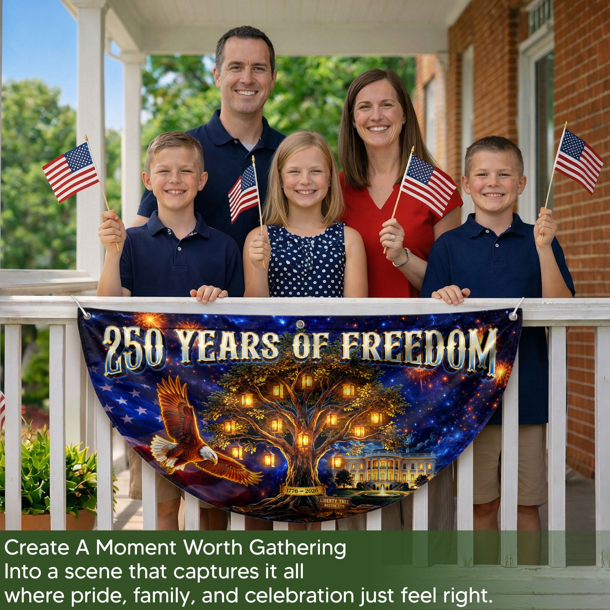 USA 250 Years Fence Banner 1776-2026 Patriotic Liberty Tree Eagle Banner