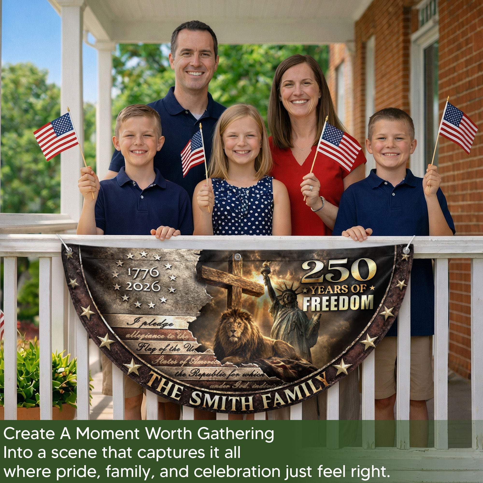 Christian Lion Cross Fence Flag Custom Family Name 250 Years Freedom 1776-2026 Patriotic Decor