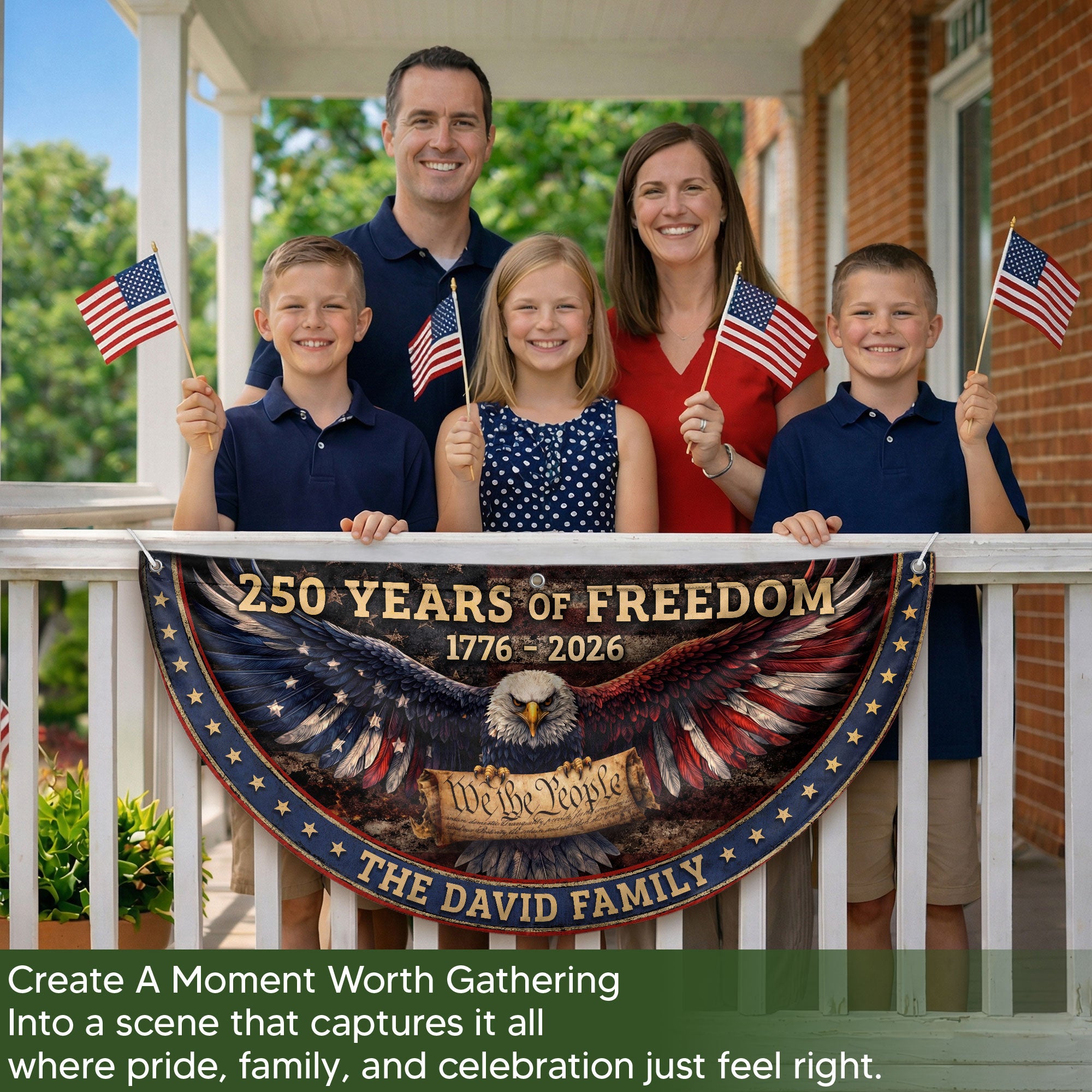 We The People Eagle Fence Flag Personalized Family Name 250 Years of Freedom 1776-2026 Patriotic Decor