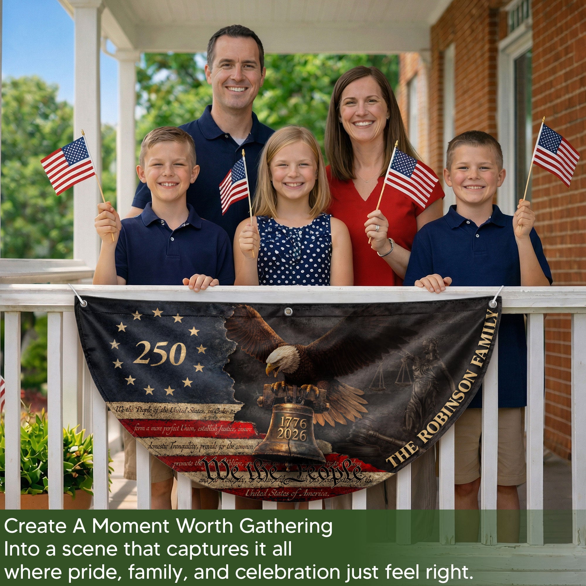 Distressed Eagle Liberty Bell Fence Flag Custom Family Name 250 Years Freedom 1776-2026 Patriotic Decor