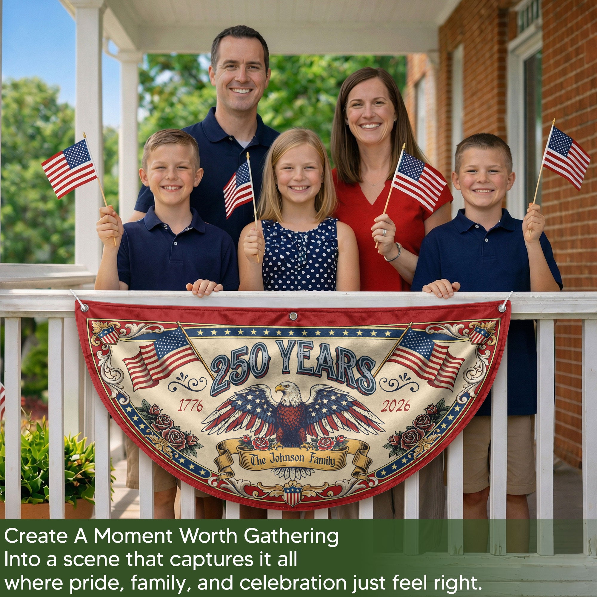 250 Years 1776-2026 American Anniversary Fence Flag - Custom Family Name Patriot Bunting