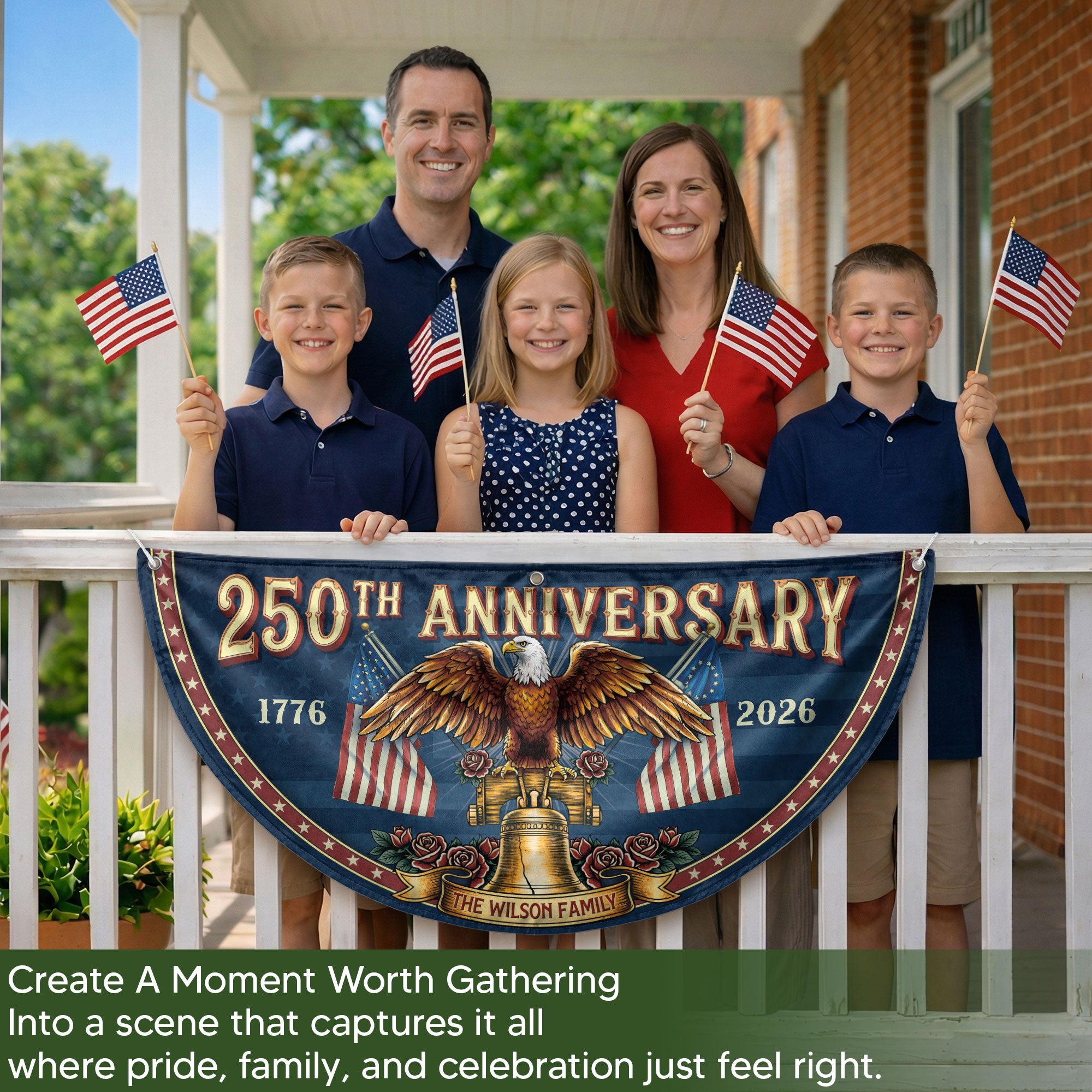 250th Anniversary 1776-2026 Liberty Bell Custom Family Name Patriot Fence Flag Banner