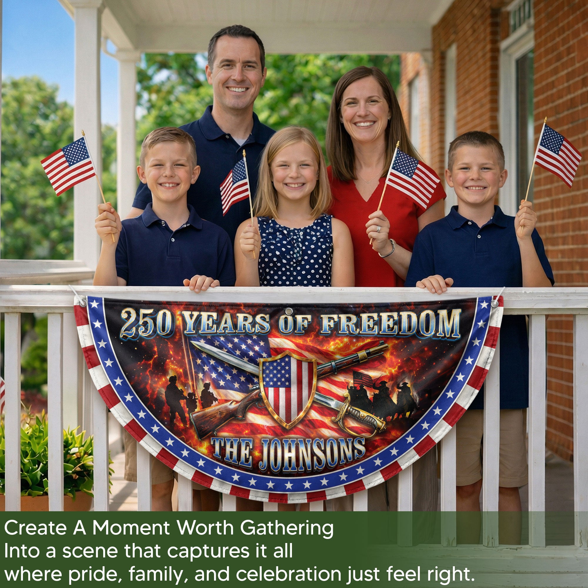 Custom Family Name 250 Years of Freedom Patriot Shield 1776-2026 Bunting Fence Flag