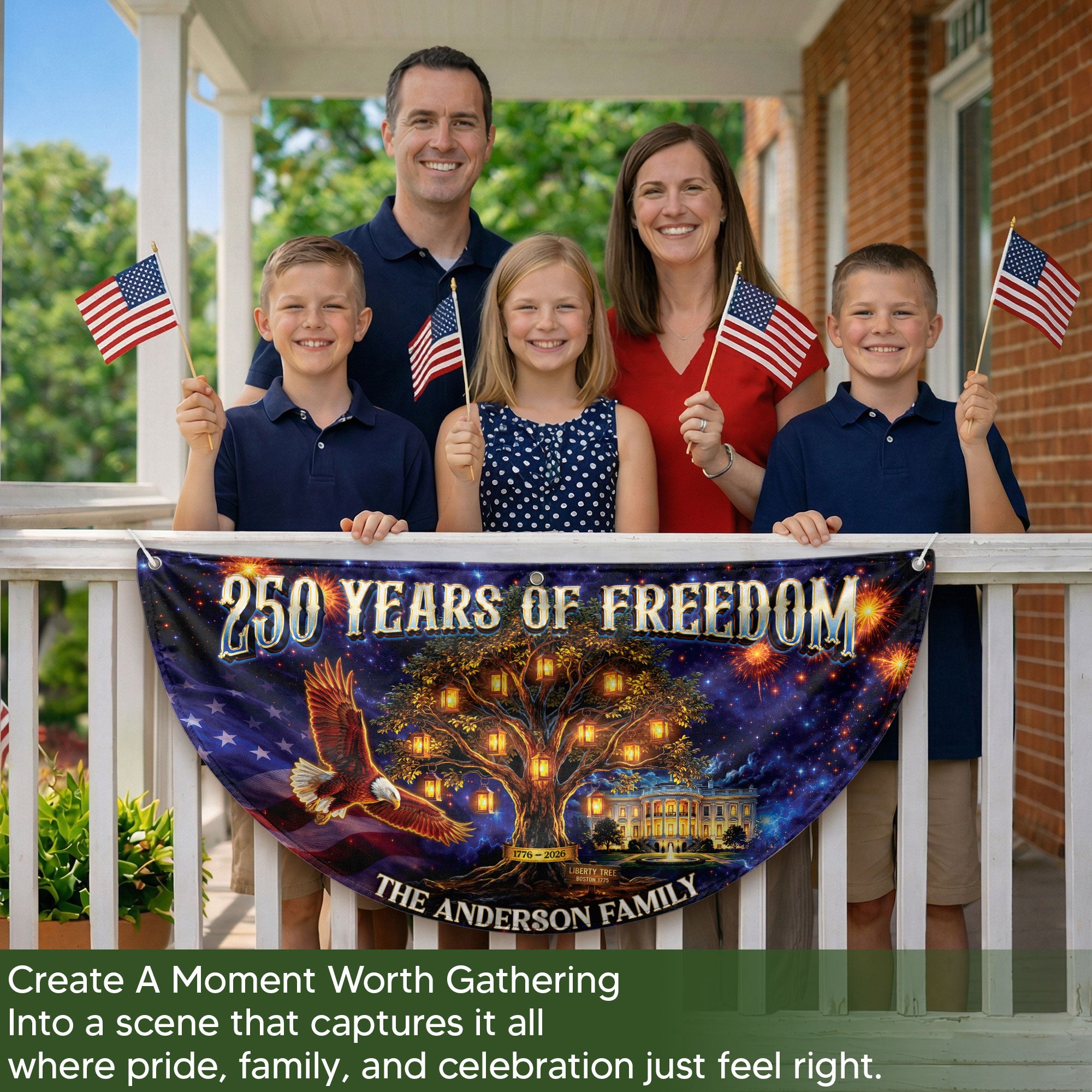 Custom Family Name 250 Years of Freedom Liberty Tree 1776-2026 Patriot Fence Flag Banner