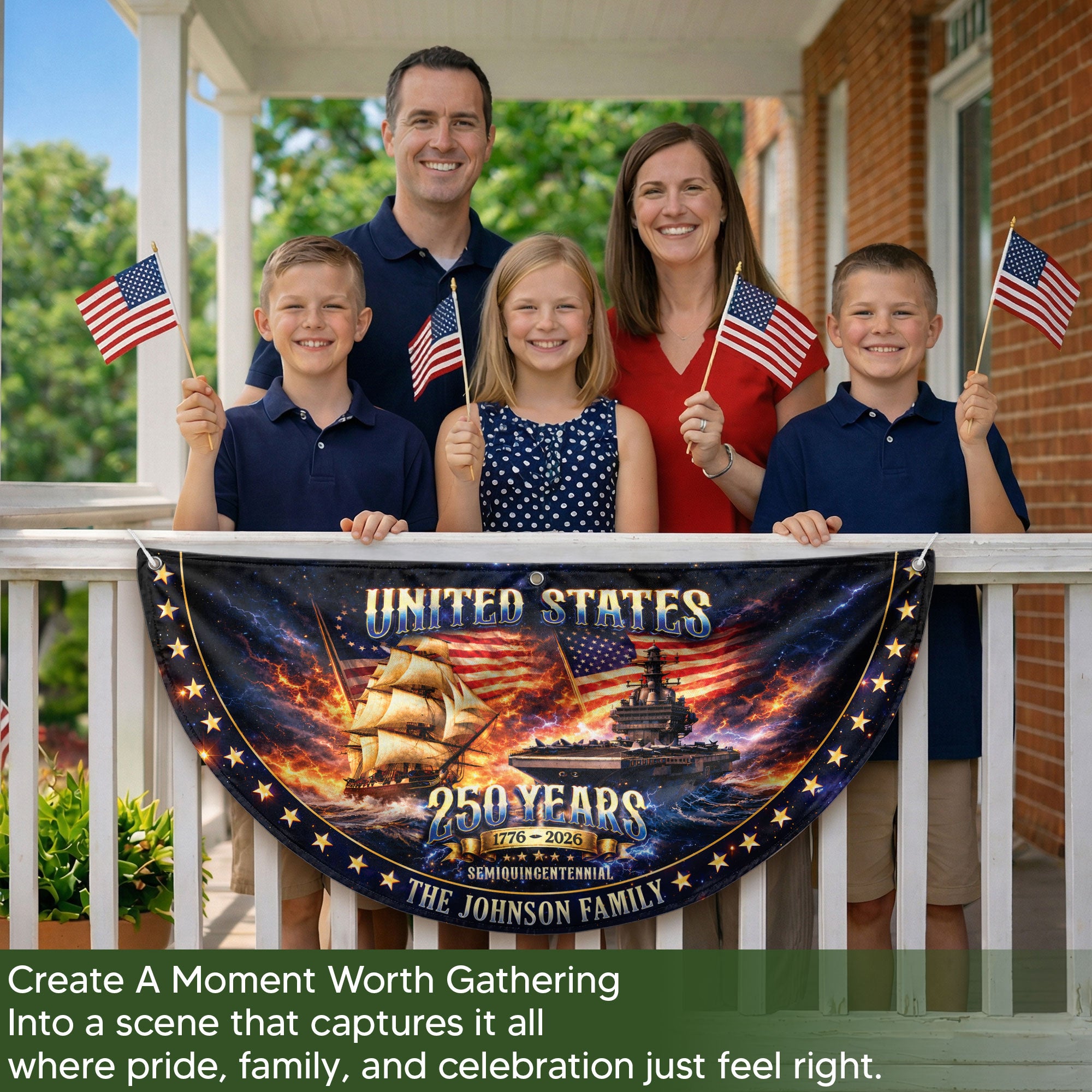 United States 250 Years Custom Family Name Fence Flag - 1776-2026 Patriot Navy Bunting