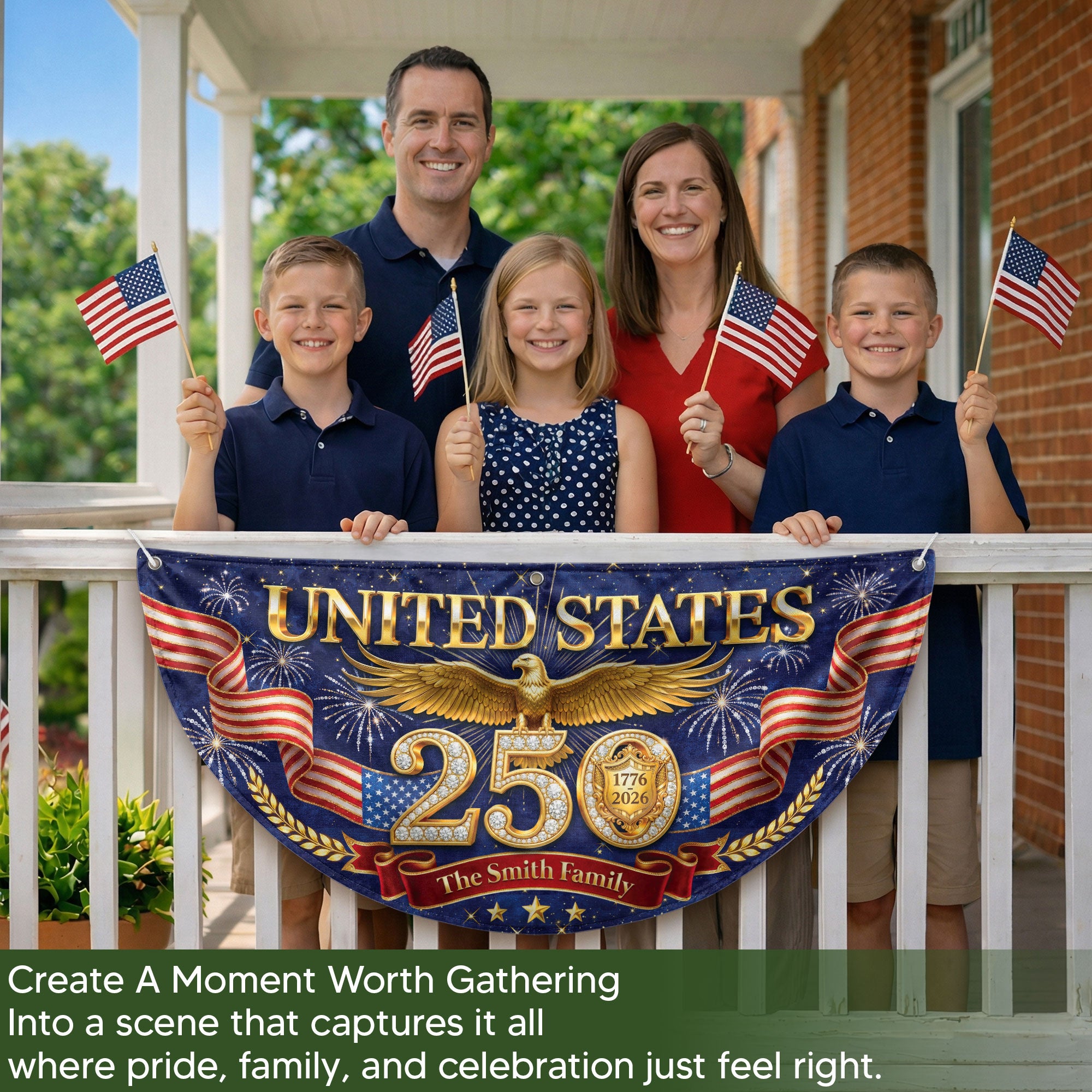 Custom Family Name 250th Anniversary USA Fence Flag Patriotic Golden Eagle Liberty Bell 1776-2026