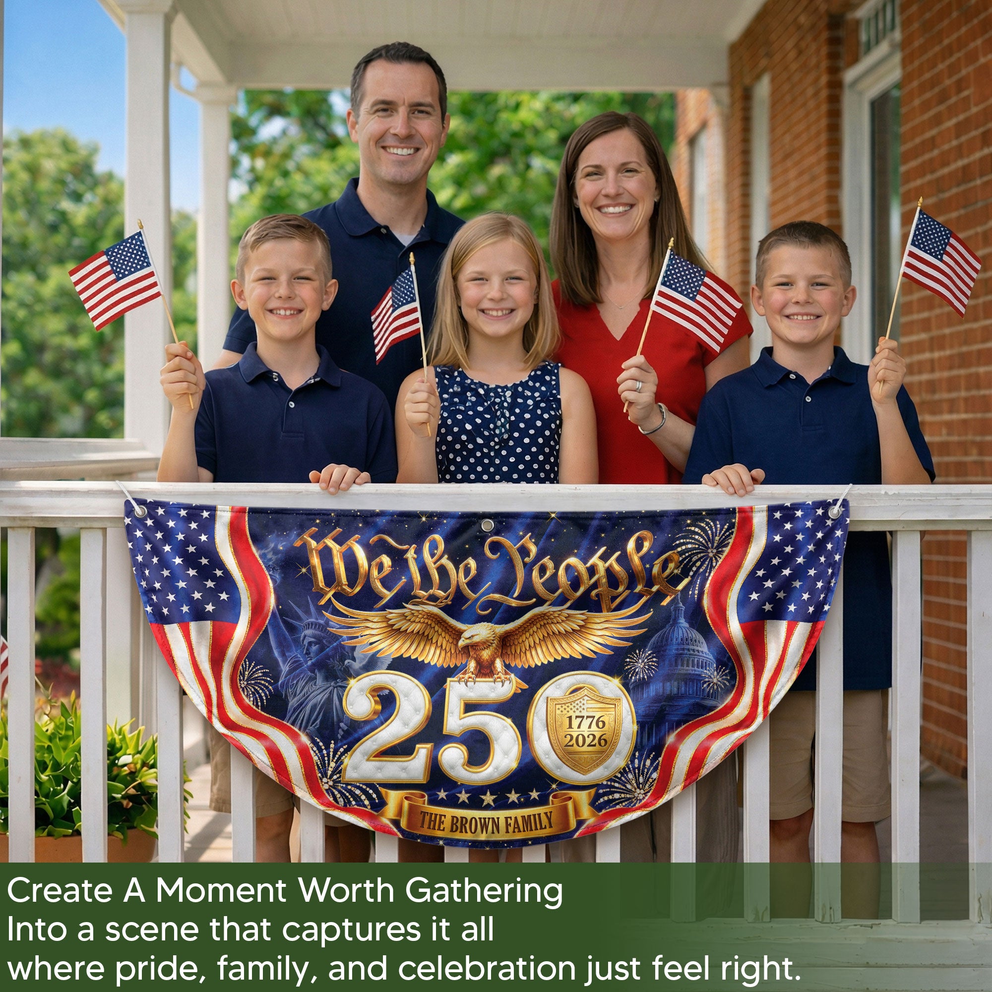 250th Anniversary USA Fence Flag We The People Eagle 1776-2026 Custom Family Name Banner