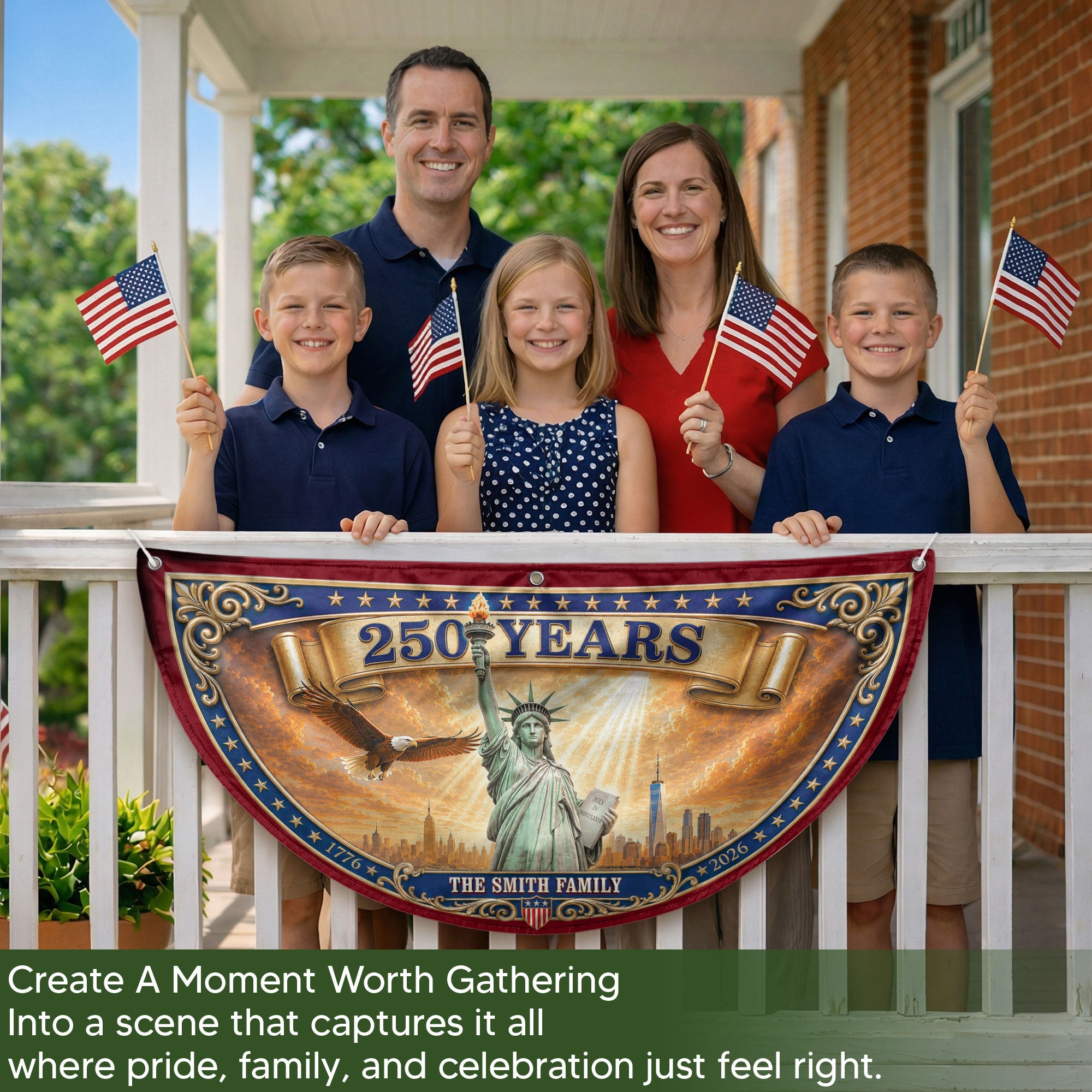 Custom Family Name 250 Years United States Patriot Statue of Liberty Bunting Fence Flag
