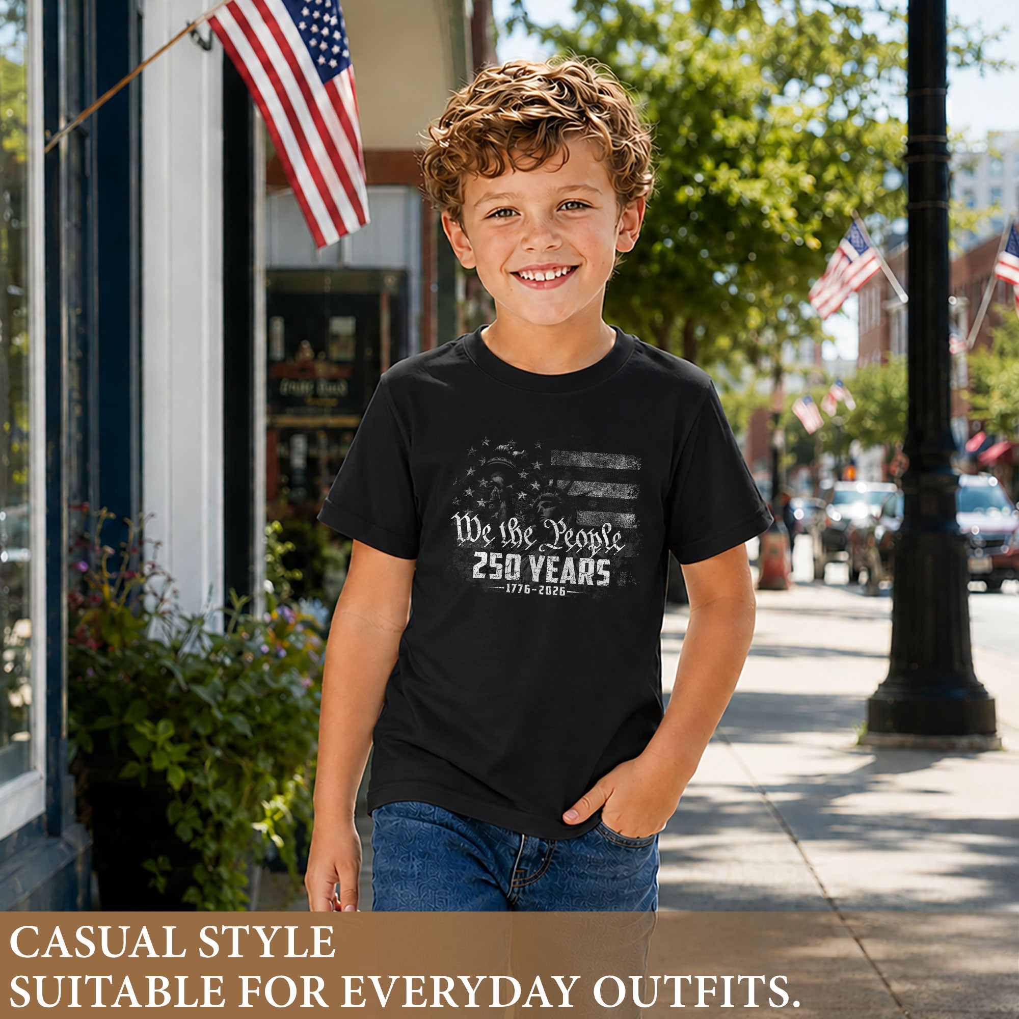 250 Years Kids T-Shirt Statue of Liberty Independence Day Patriotic American Flag Youth