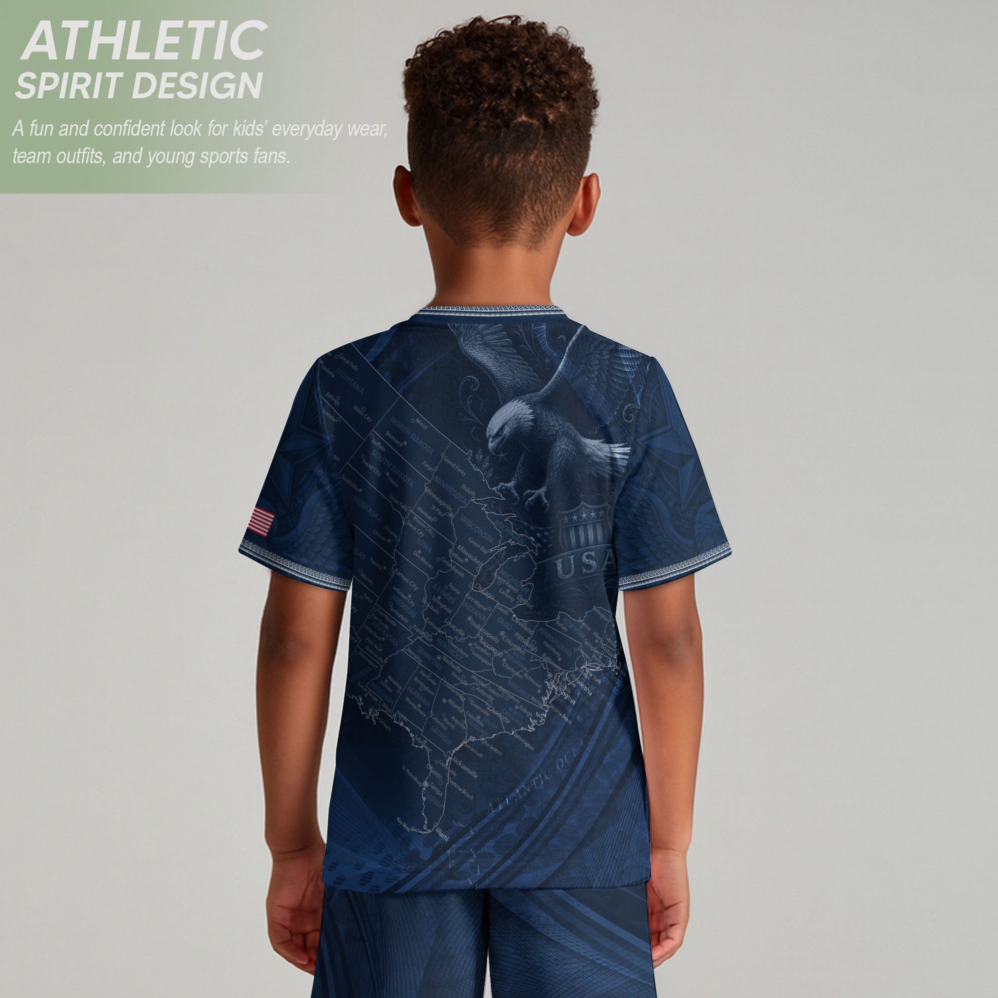 USA Kids Soccer Jersey Set Navy Blue Eagle Map Patriotic Football Outfit Kit