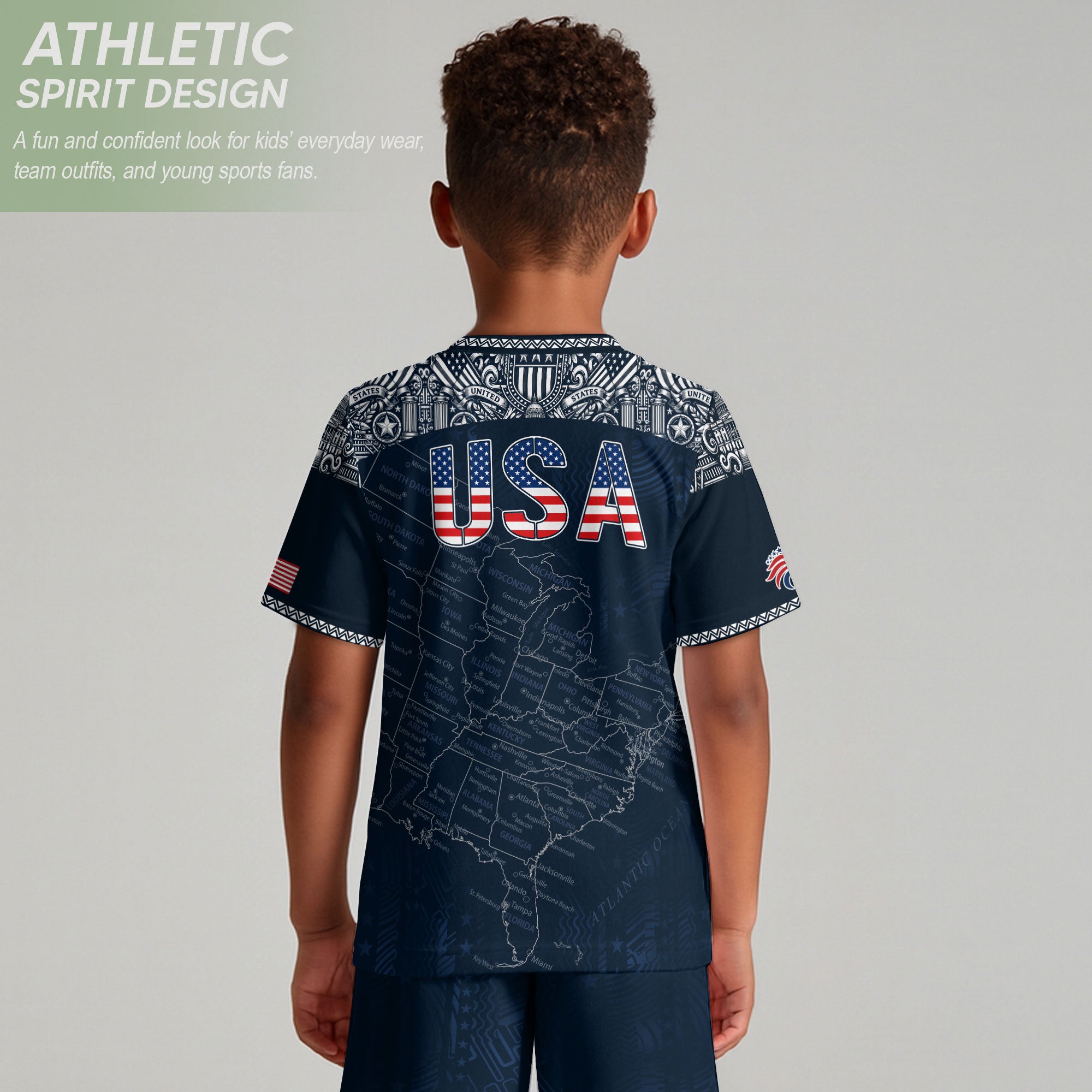 USA Kids Soccer Jersey Set Navy Blue Flag Graphic Youth Football Kit