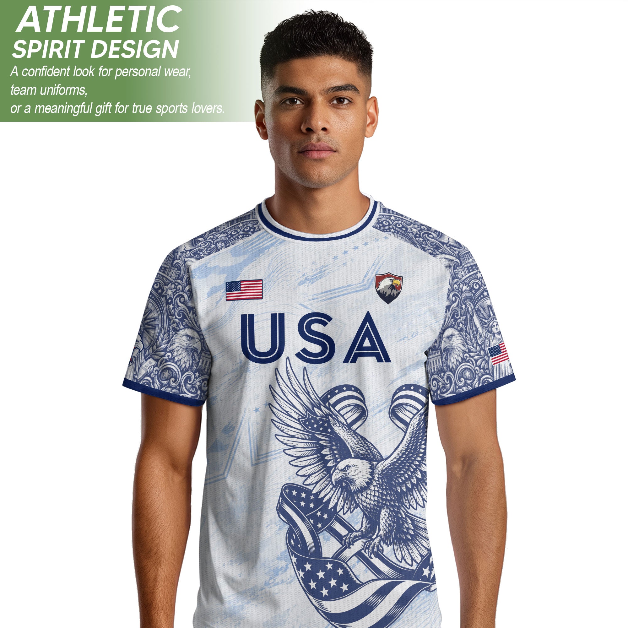 Athletic White Blue USA Soccer Jersey Adult Patriotic Eagle United States Team Shirt