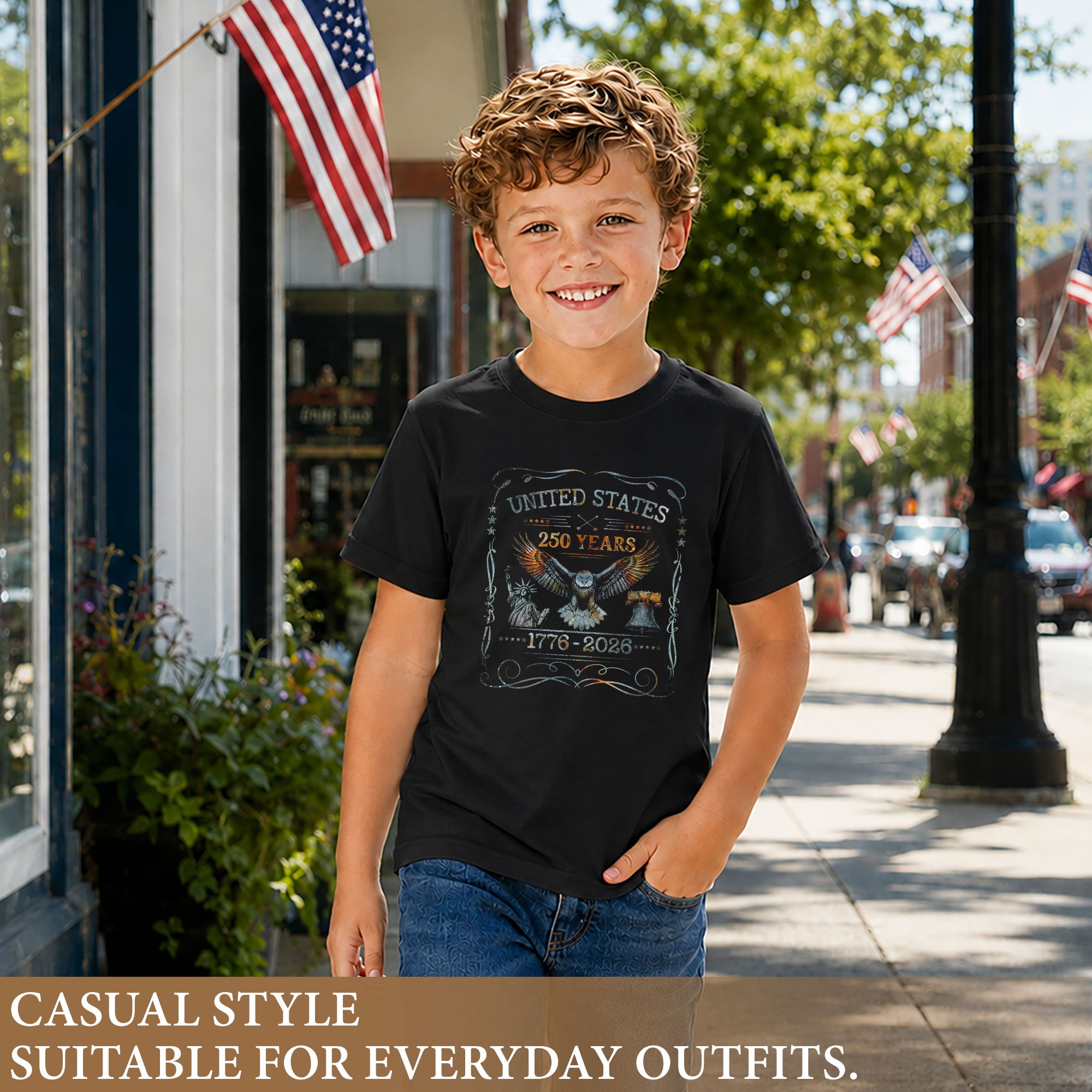 Patriotic 1776-2026 Kids Shirt United States 250 Years Liberty Bell Eagle Boys Girls Tee