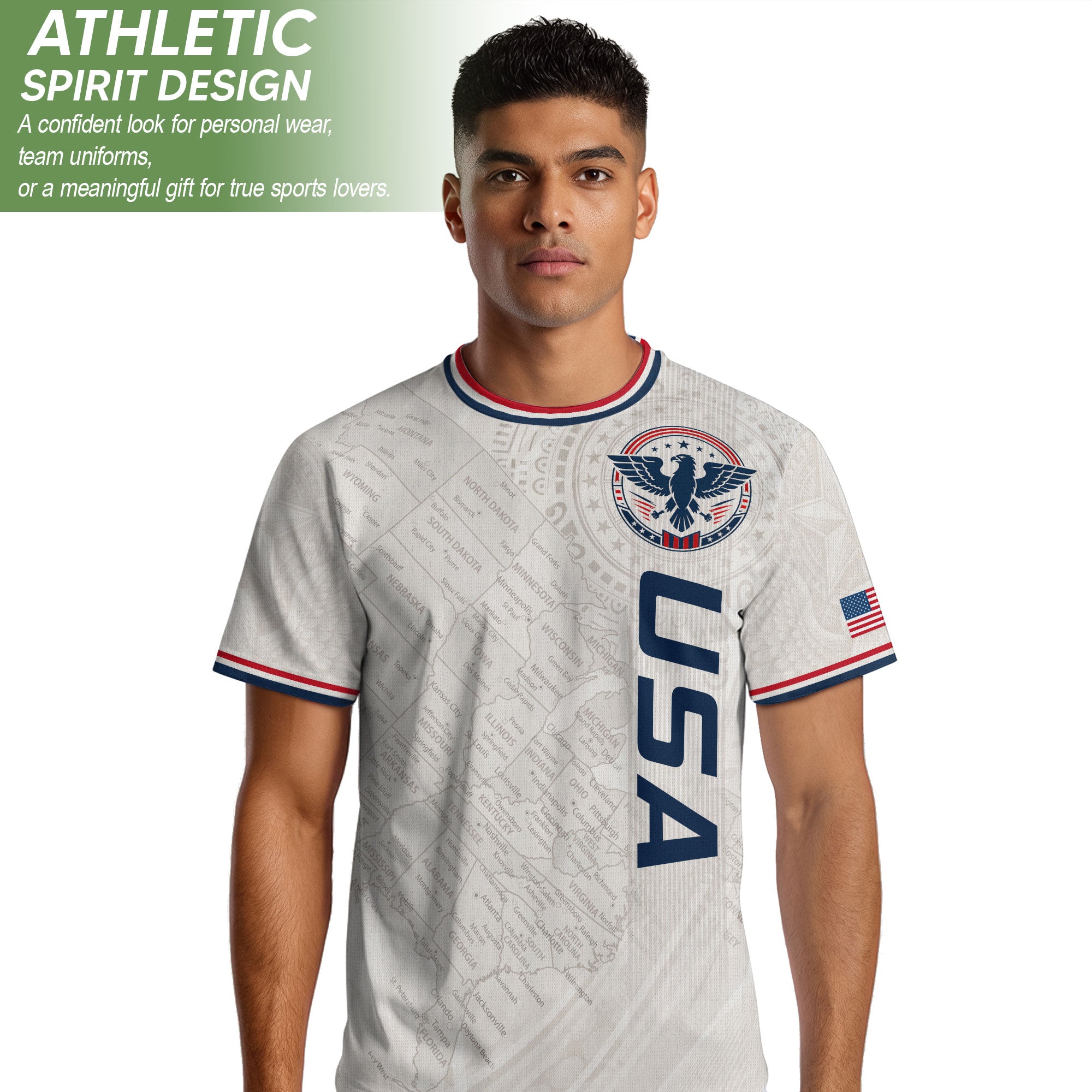 USA Soccer Jersey White US Map American Flag Shirt Patriotic Eagle Soccer Fan Tee
