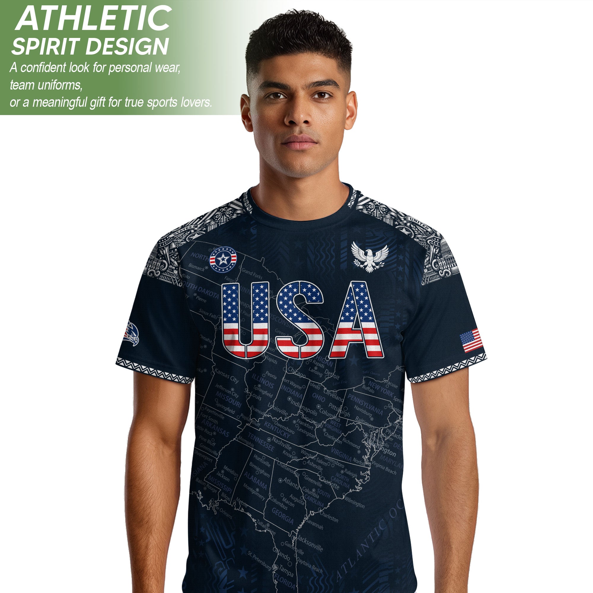 Navy USA Soccer Jersey Flag Pattern US Map American Shirt Patriotic Stars Stripes