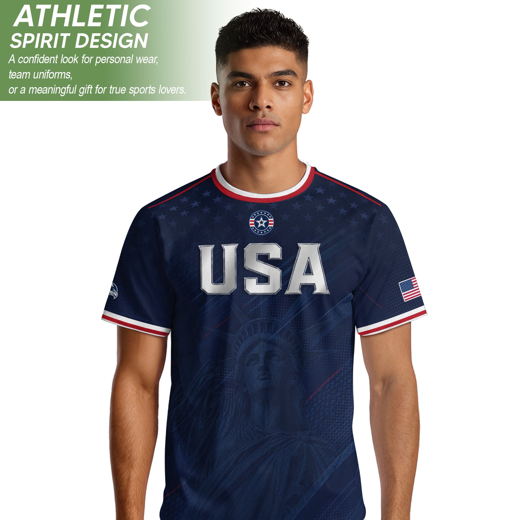 Navy USA Soccer Jersey Men Patriotic United States Football Shirt Silver USA Text Gift
