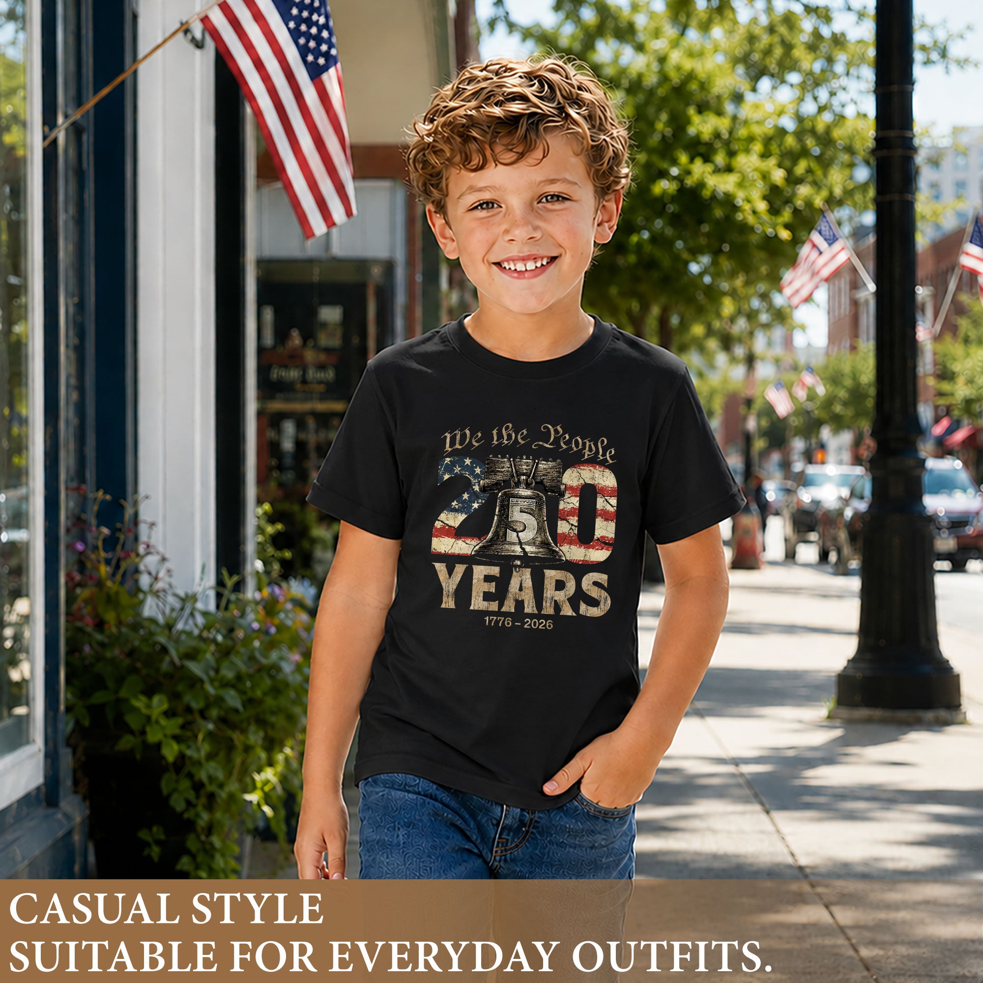 Kids We The People 250 Years T-Shirt 1776–2026 Liberty Bell Patriotic Youth Tee