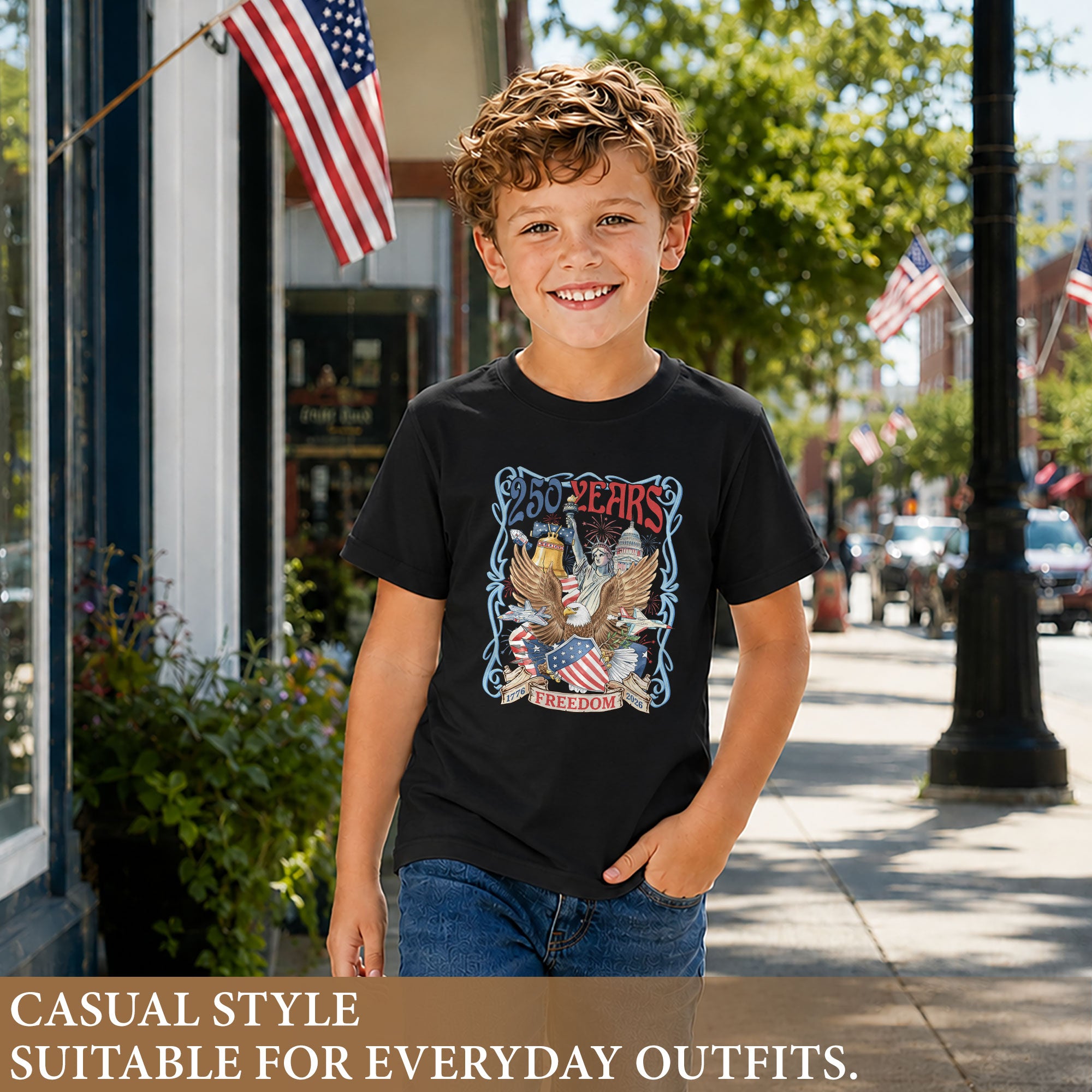 Kids T Shirt 1776-2026 Patriotic 250 Years Freedom Eagle Shield Independence Day Tee