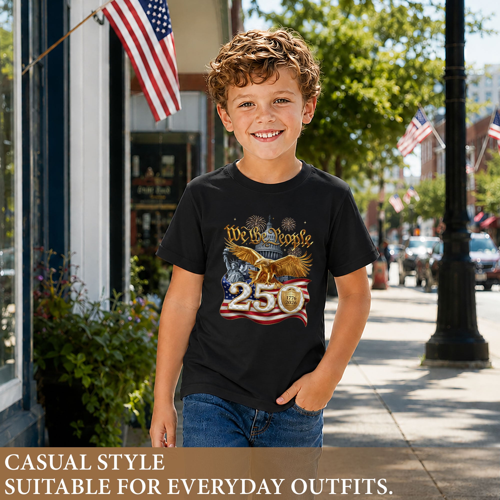 250 Years Kids T-Shirt We The People Patriotic Golden Eagle American Flag Youth Tee