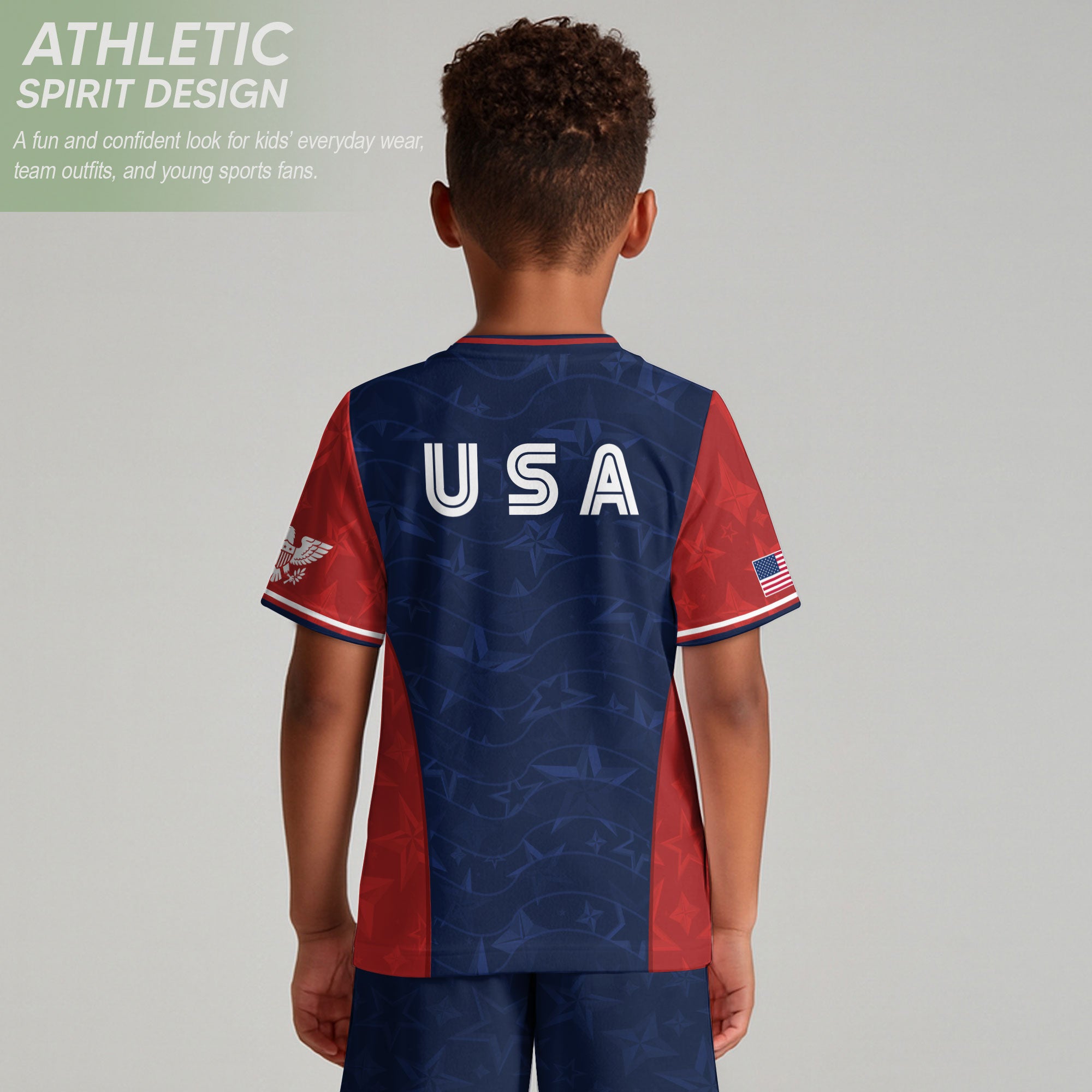 USA Kids Soccer Jersey Youth Navy Blue Red Patriotic Stars Graphic Football Shirt