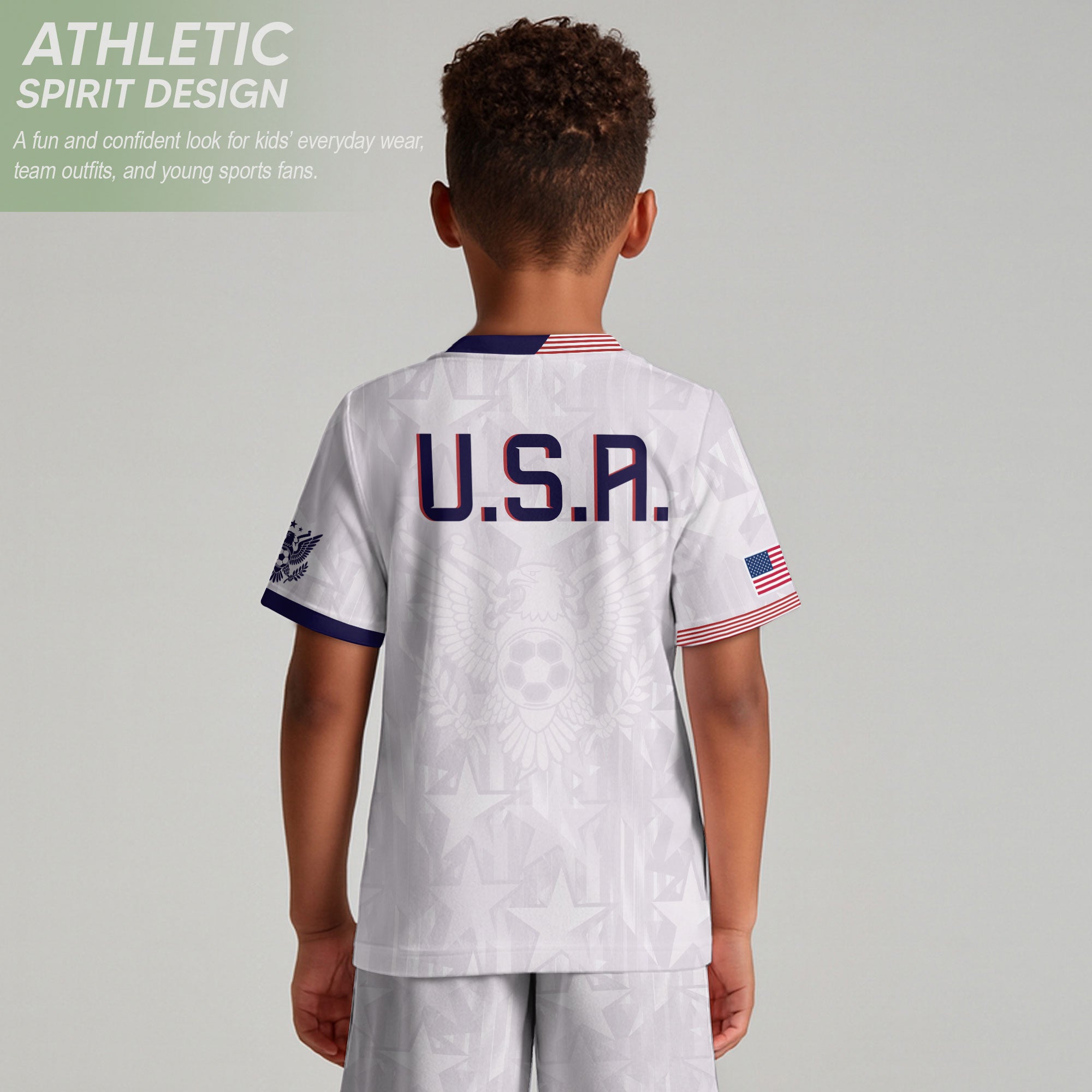 USA Kids Soccer Jersey Youth White Patriotic Stars Eagle Graphic Football Shirt