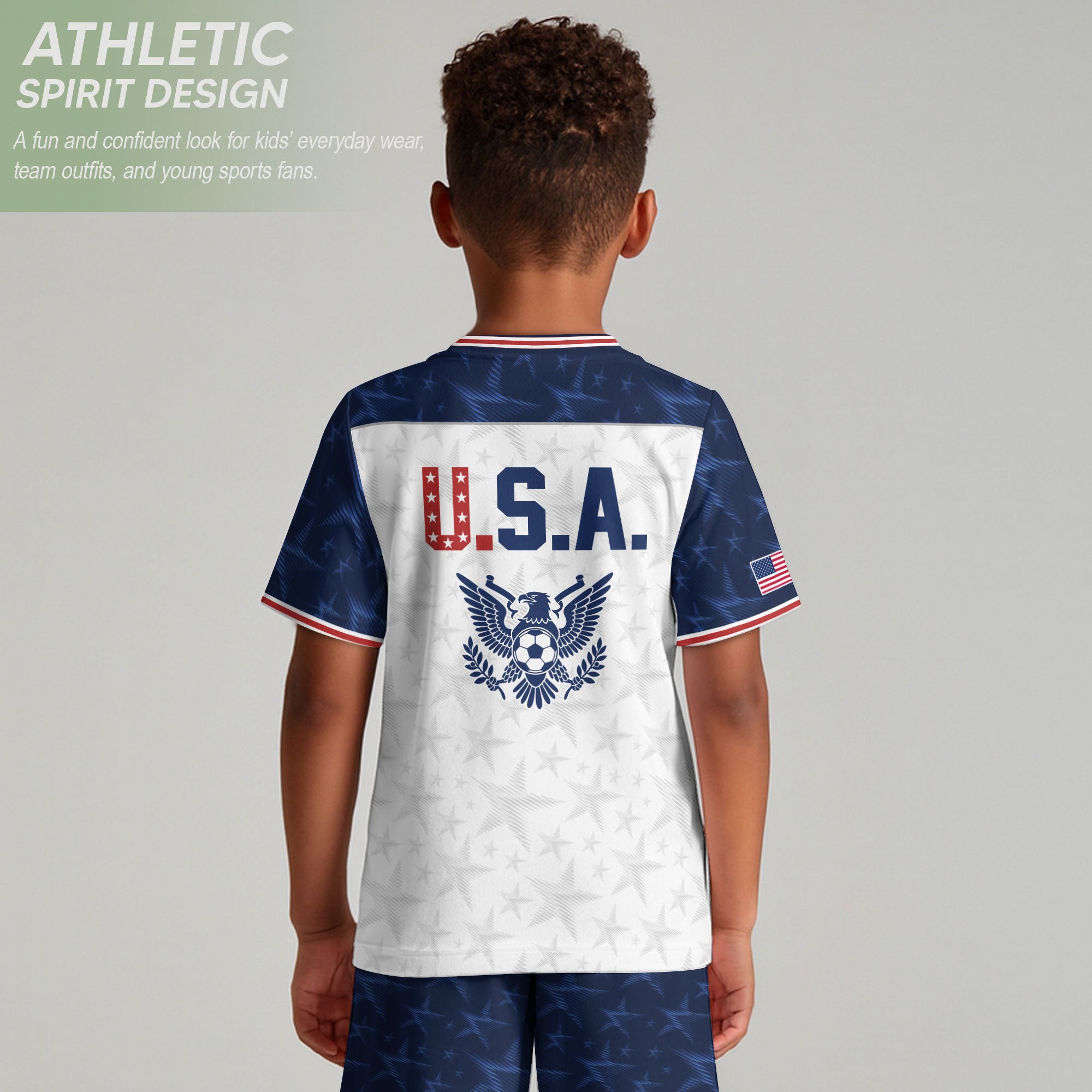 USA Kids Soccer Jersey Youth White Blue Raglan Patriotic Stars Eagle Football Shirt