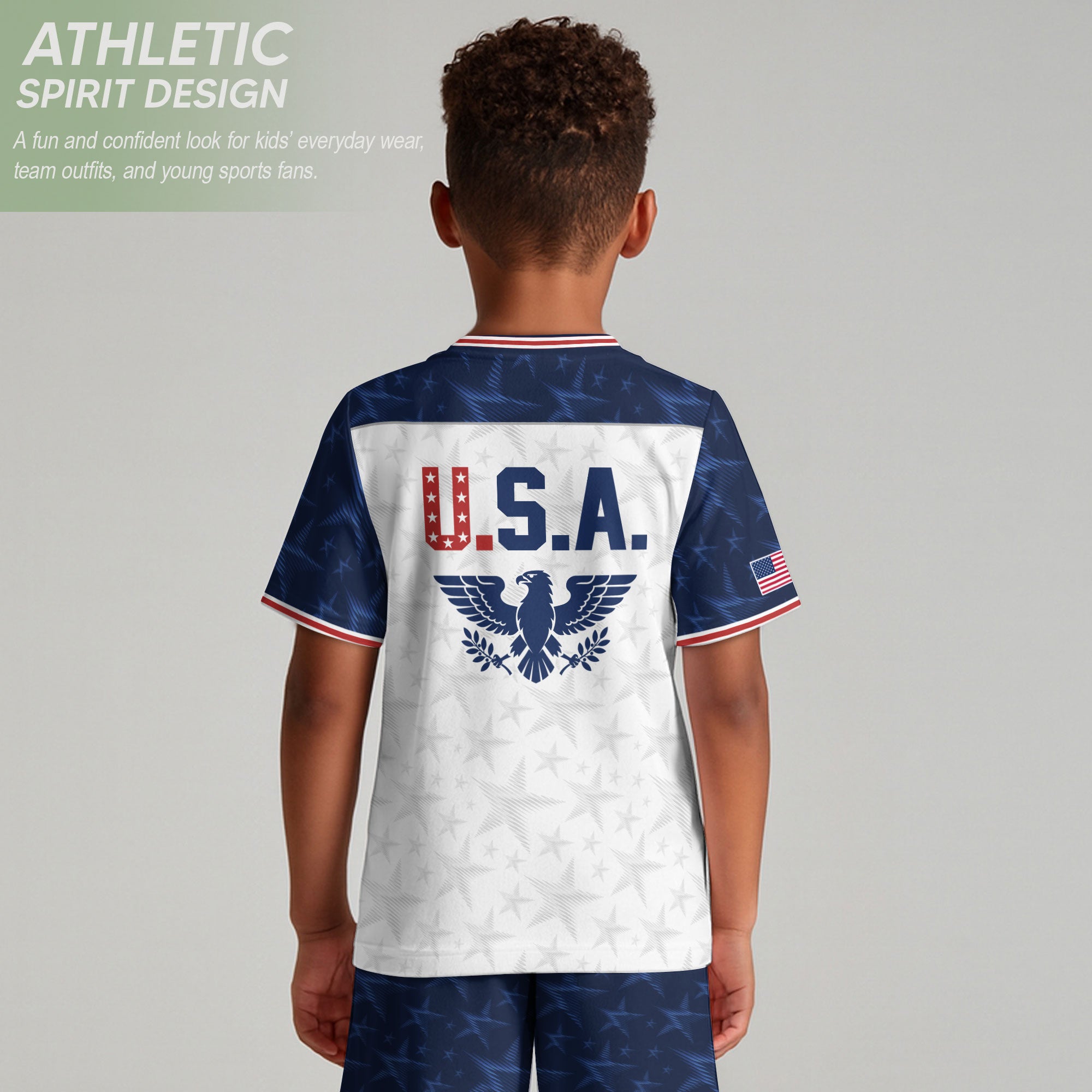 USA Kids Soccer Jersey Youth White Blue Raglan Patriotic Stars Eagle Football Shirt