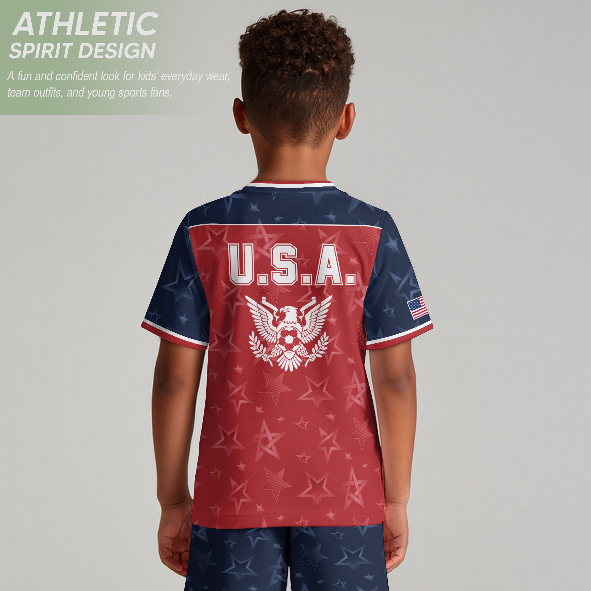 USA Kids Soccer Jersey Youth Red Blue Raglan Patriotic Stars Eagle Football Shirt