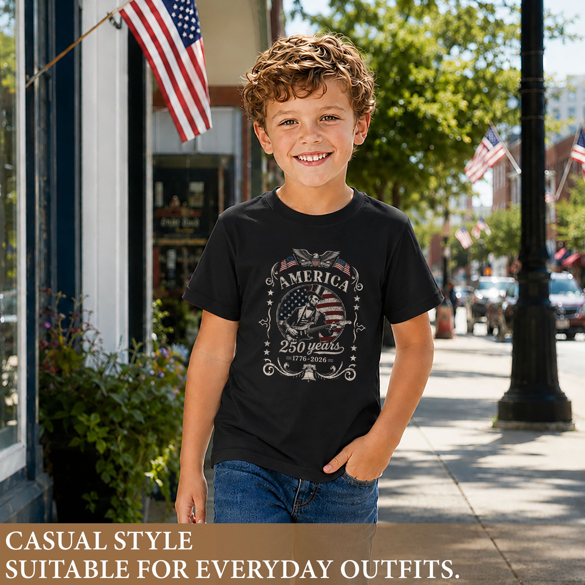 T-Shirt Kid America 250 Years 1776-2026 Patriotic Abraham Lincoln Guitar Kids Tee