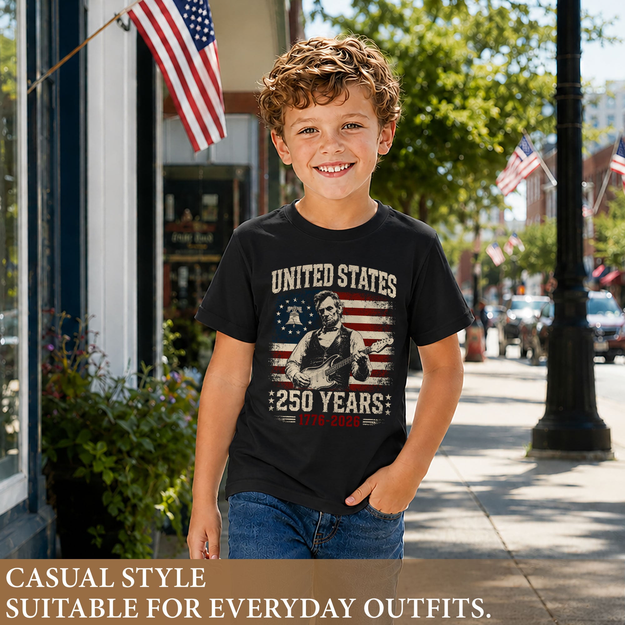 T-Shirt Kid Patriotic 1776-2026 America 250 Years Abraham Lincoln Guitar Children Shirt